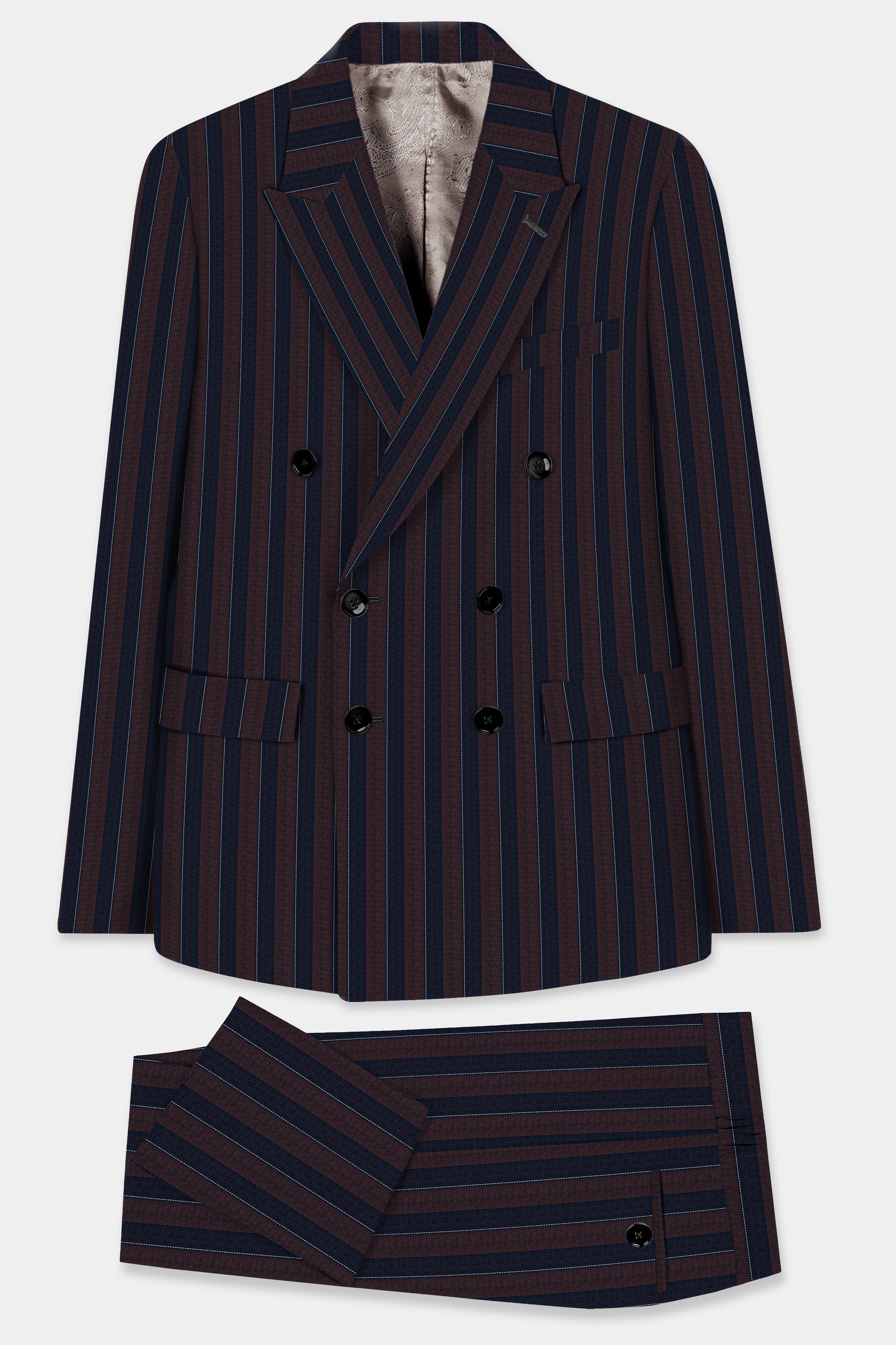 Bistre Brown and Admiral Blue Striped Wool Rich Double Breasted Suit