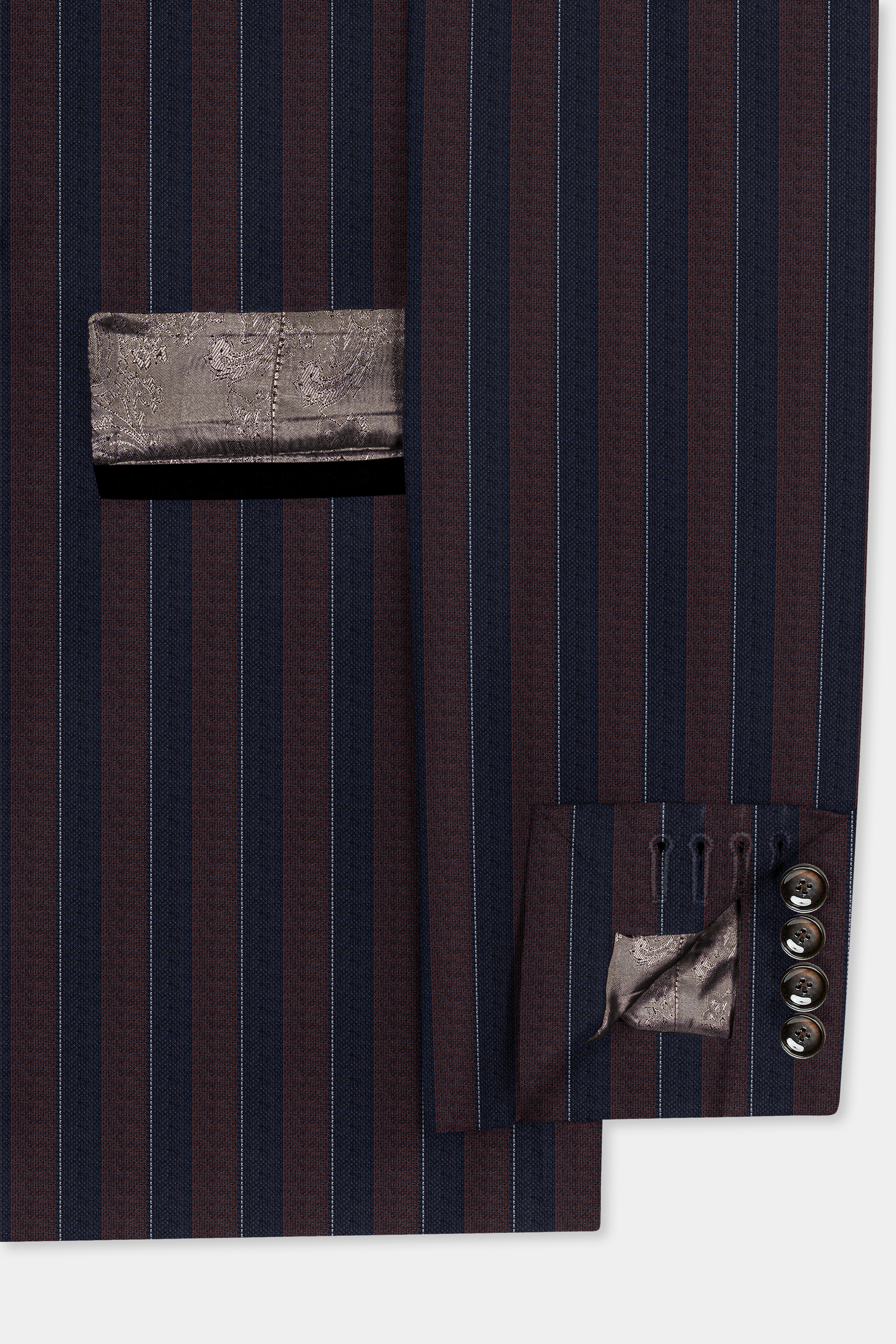 Bistre Brown and Admiral Blue Striped Wool Rich Peak Collar Tuxedo Suit