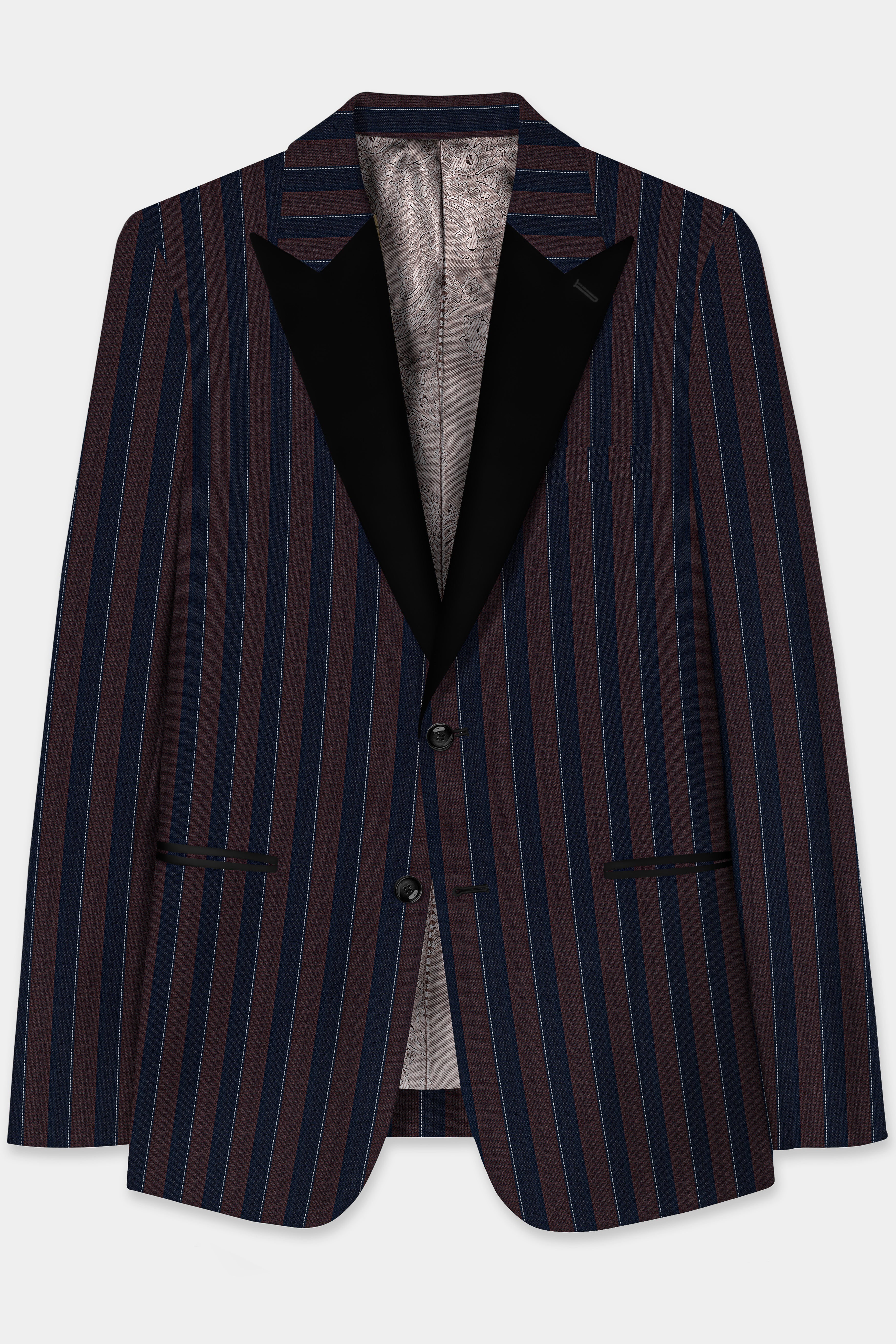 Bistre Brown and Admiral Blue Striped Wool Rich Peak Collar Tuxedo Suit