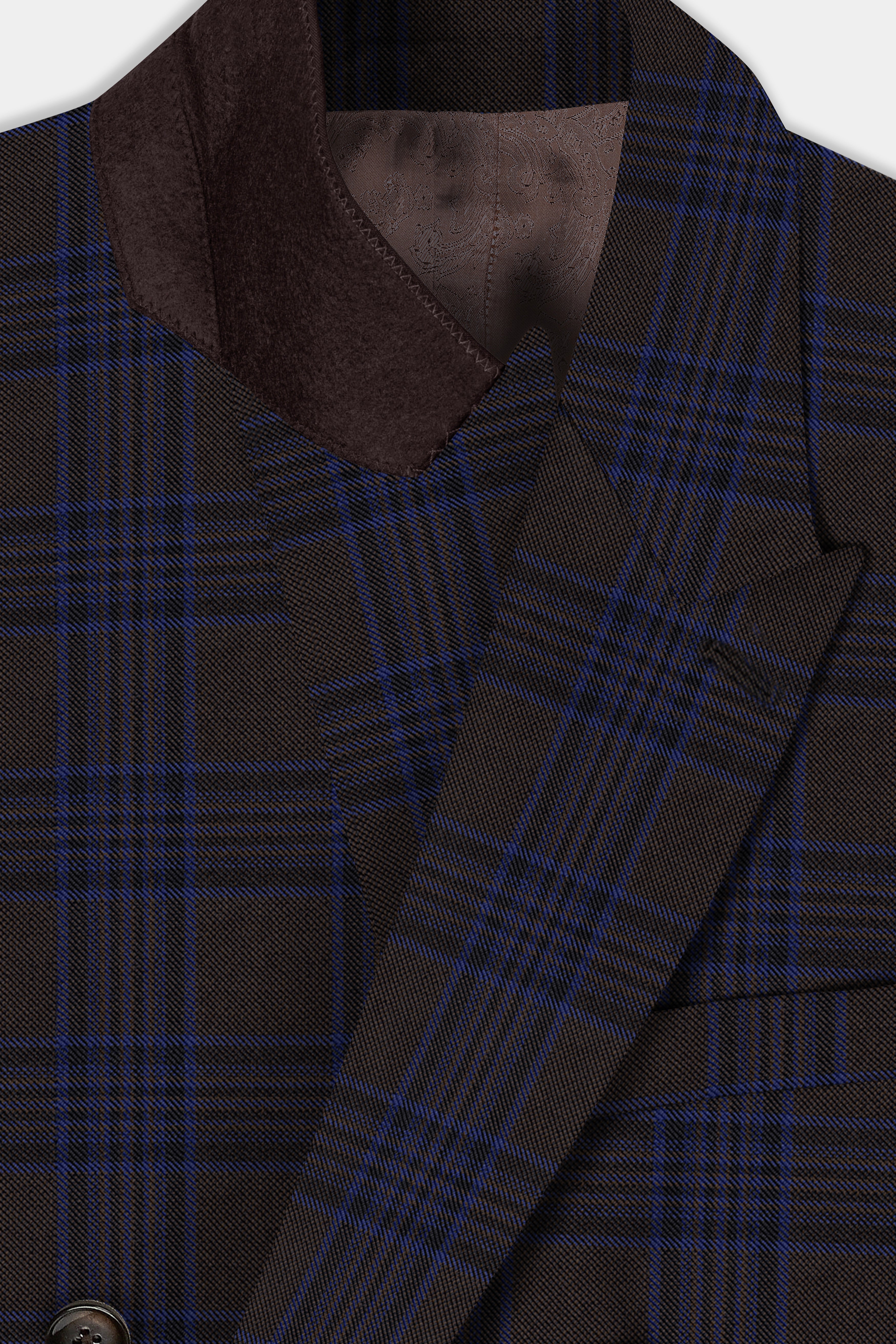 Coffee Bean Brown And Bunting Blue Windowpane Wool Rich Double Breasted Suit