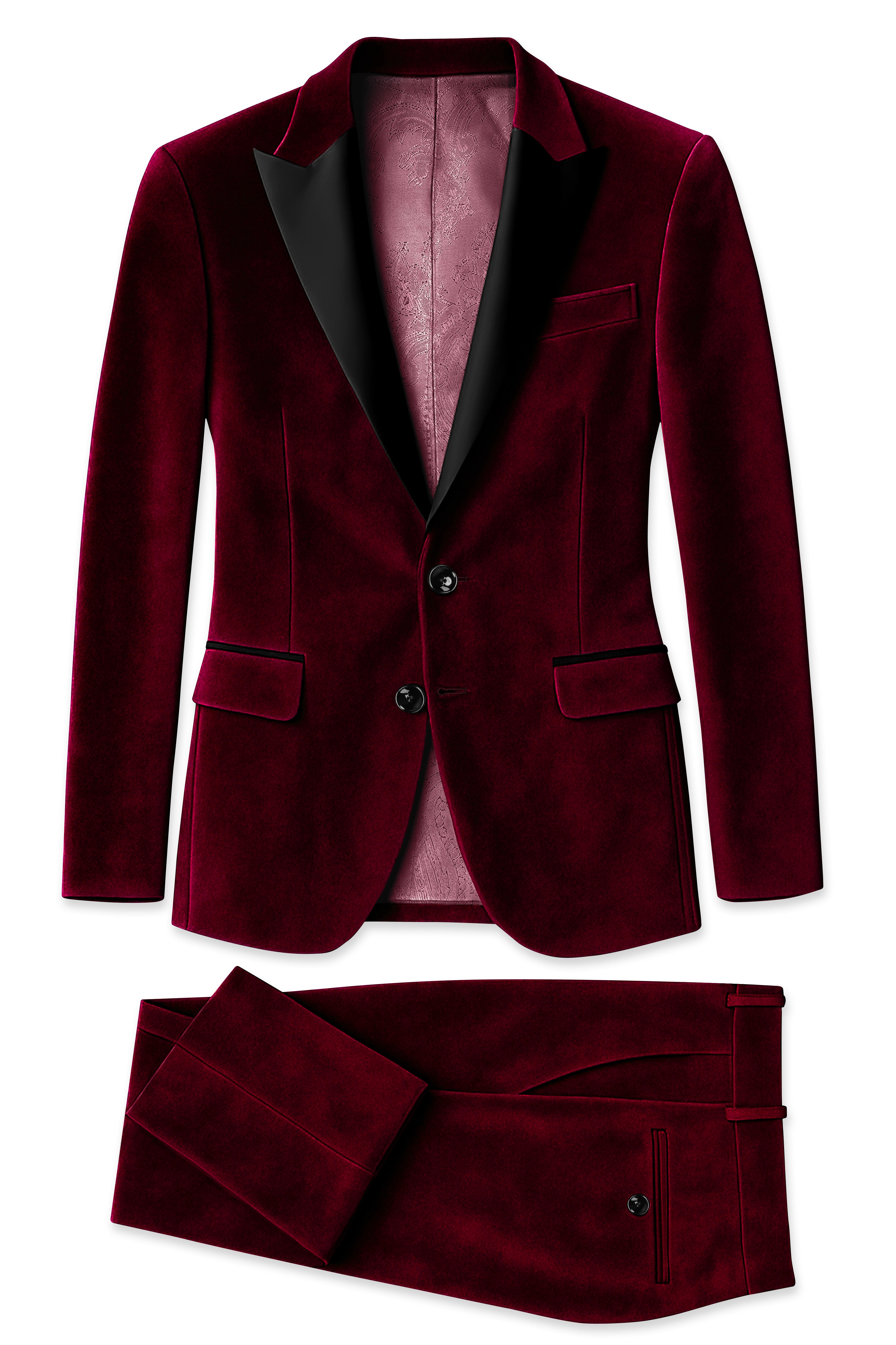 Bulgarian Maroon Velvet Peak Lapel Tuxedo Suit