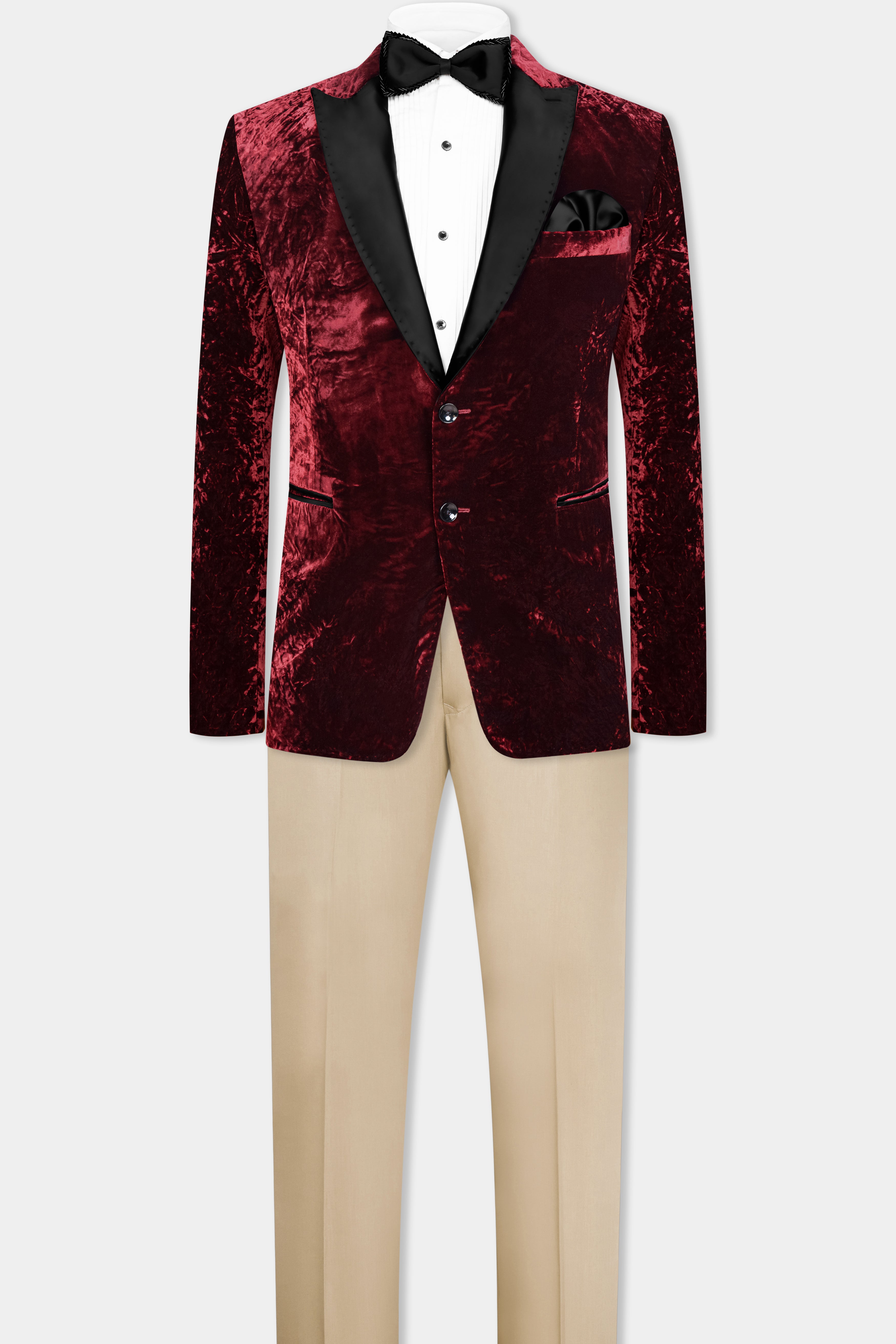 Bulgarian Maroon Crushed Velvet Peak Collar Tuxedo Suit