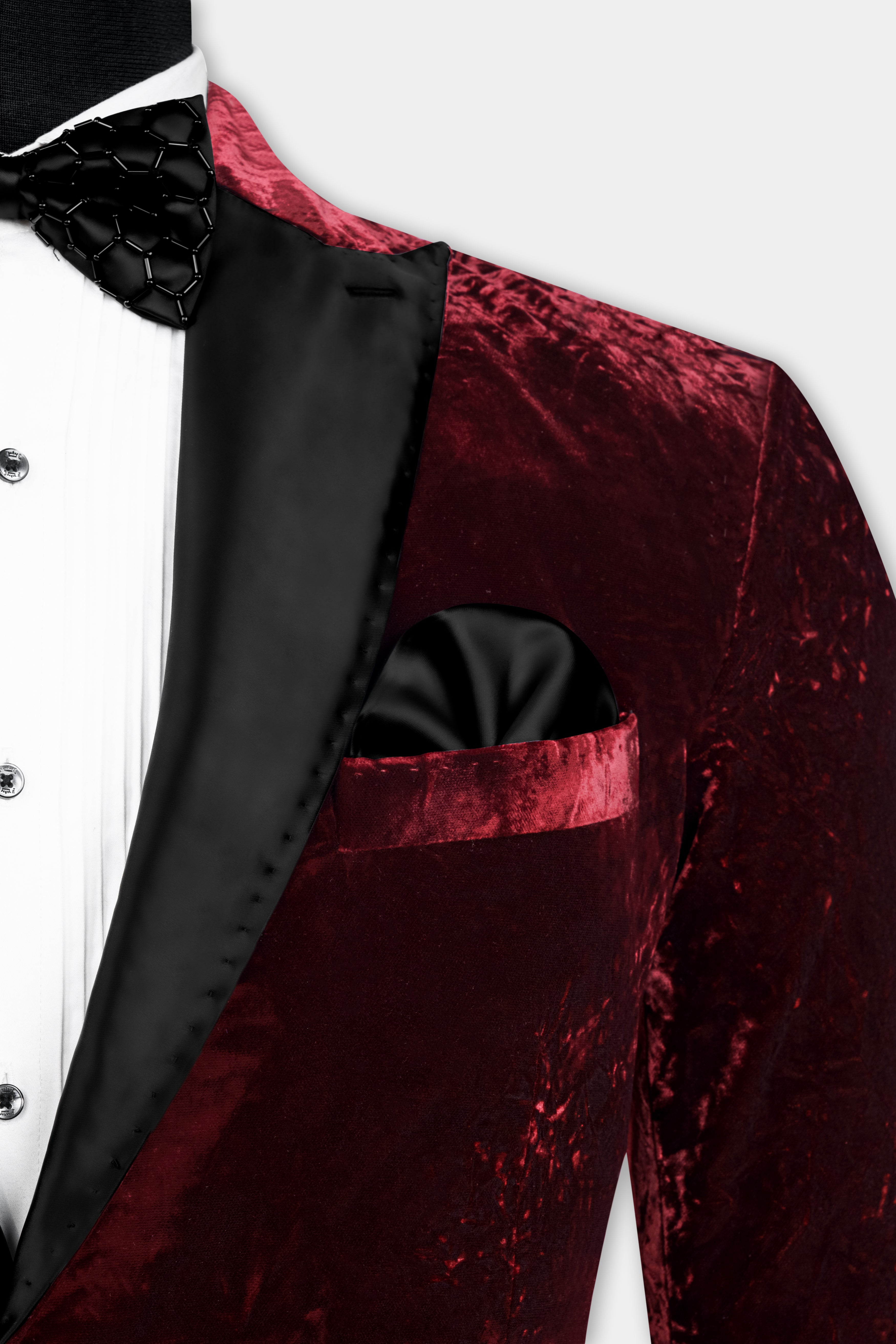 Bulgarian Maroon Crushed Velvet Peak Collar Tuxedo Suit