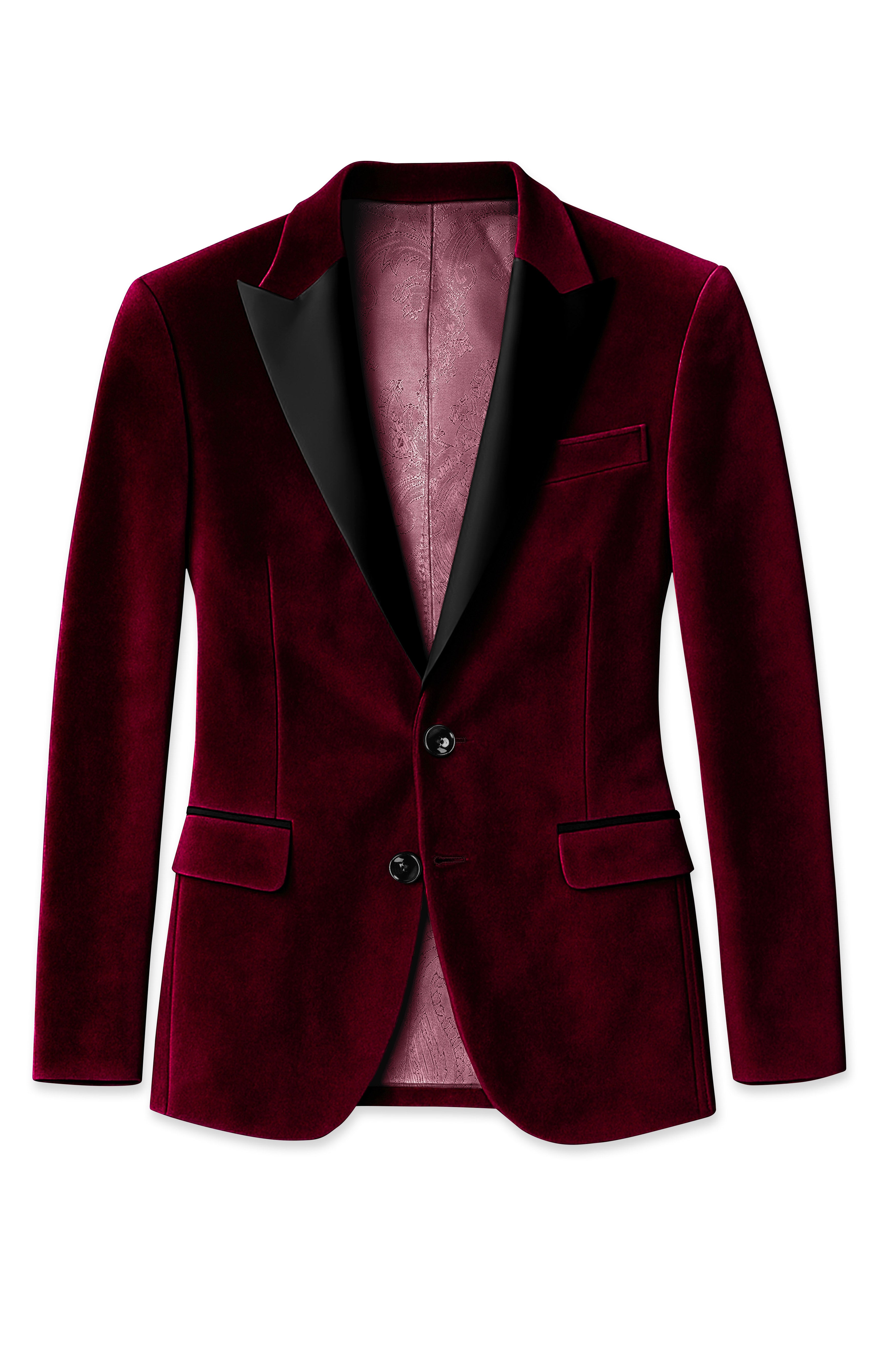 Bulgarian Maroon Velvet Peak Lapel Tuxedo Suit