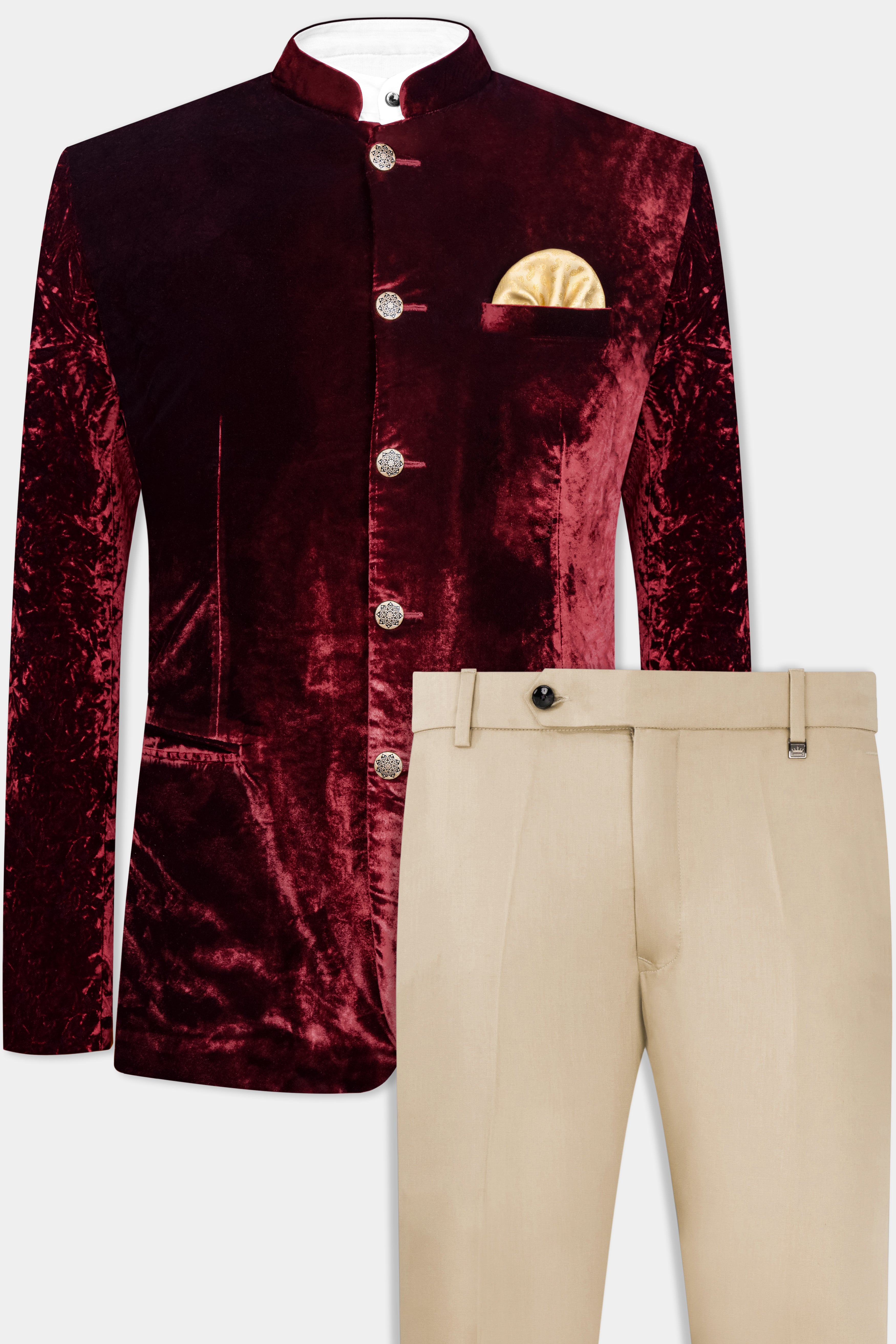 Bulgarian Maroon Crushed Velvet Bandhgala Suit