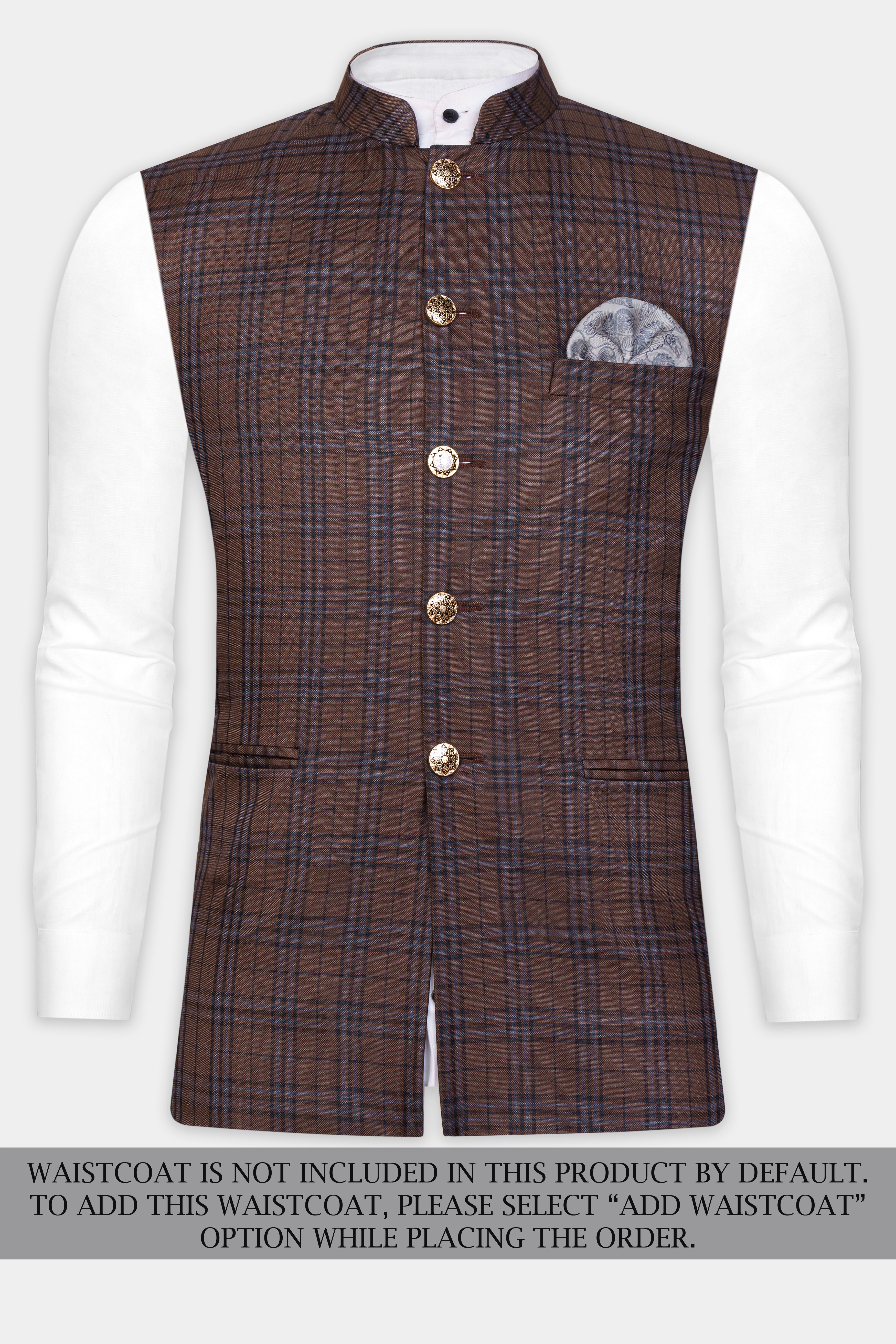 Gingerbread Brown and Haiti Blue Plaid Wool Rich Bandhgala Suit