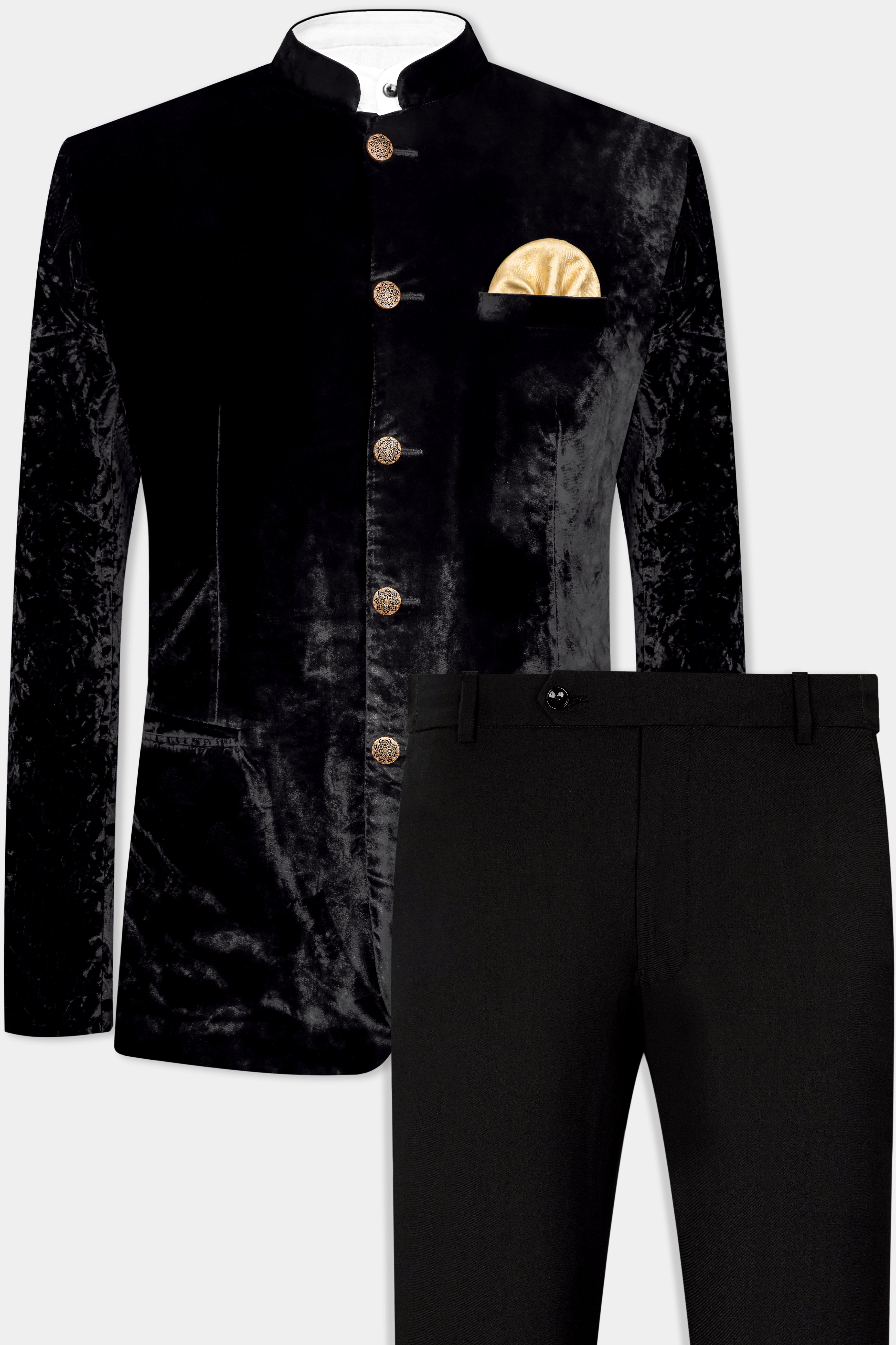 Jade Black Crushed Velvet Bandhgala Suit