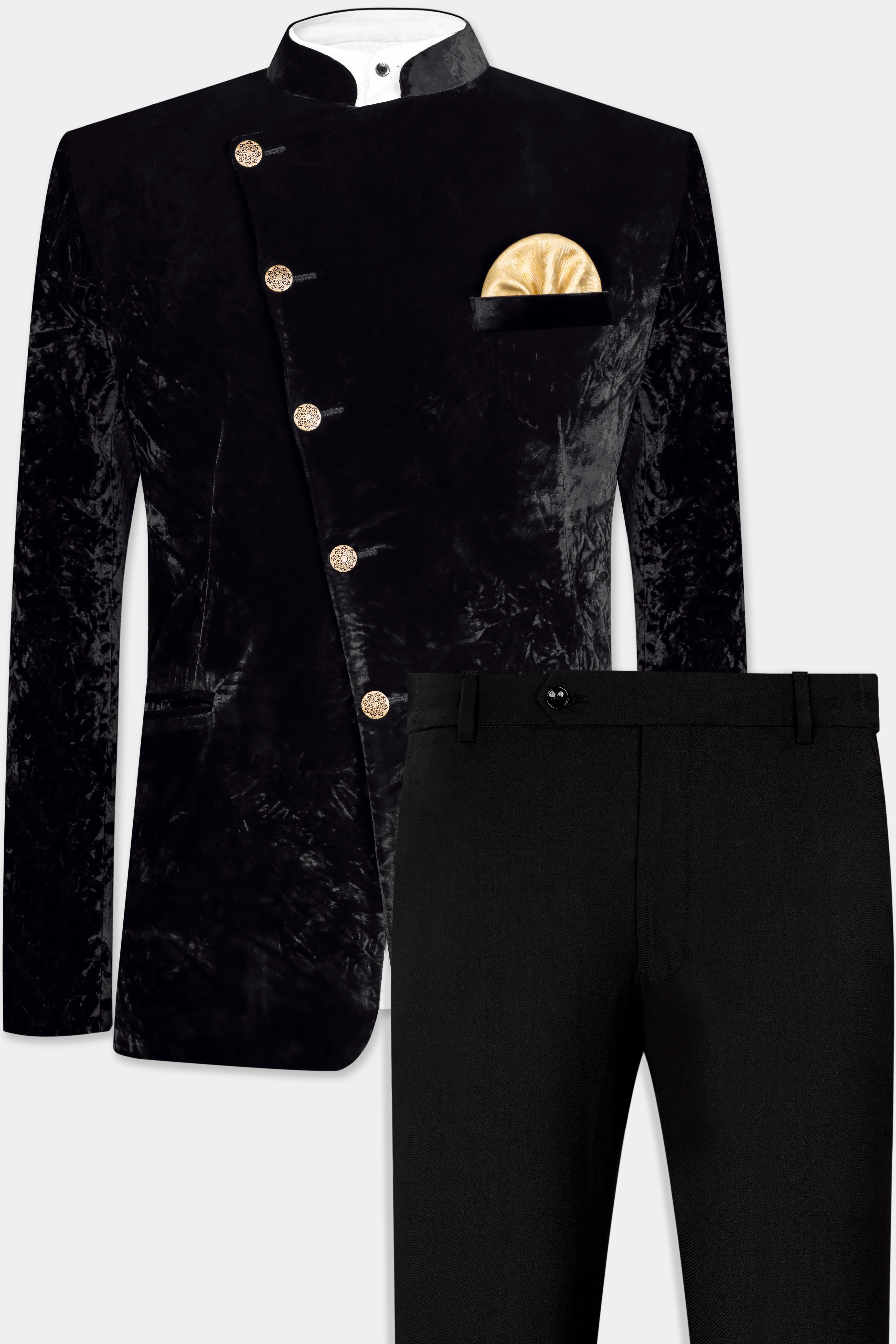 Jade Black Crushed Velvet Cross Placket Suit