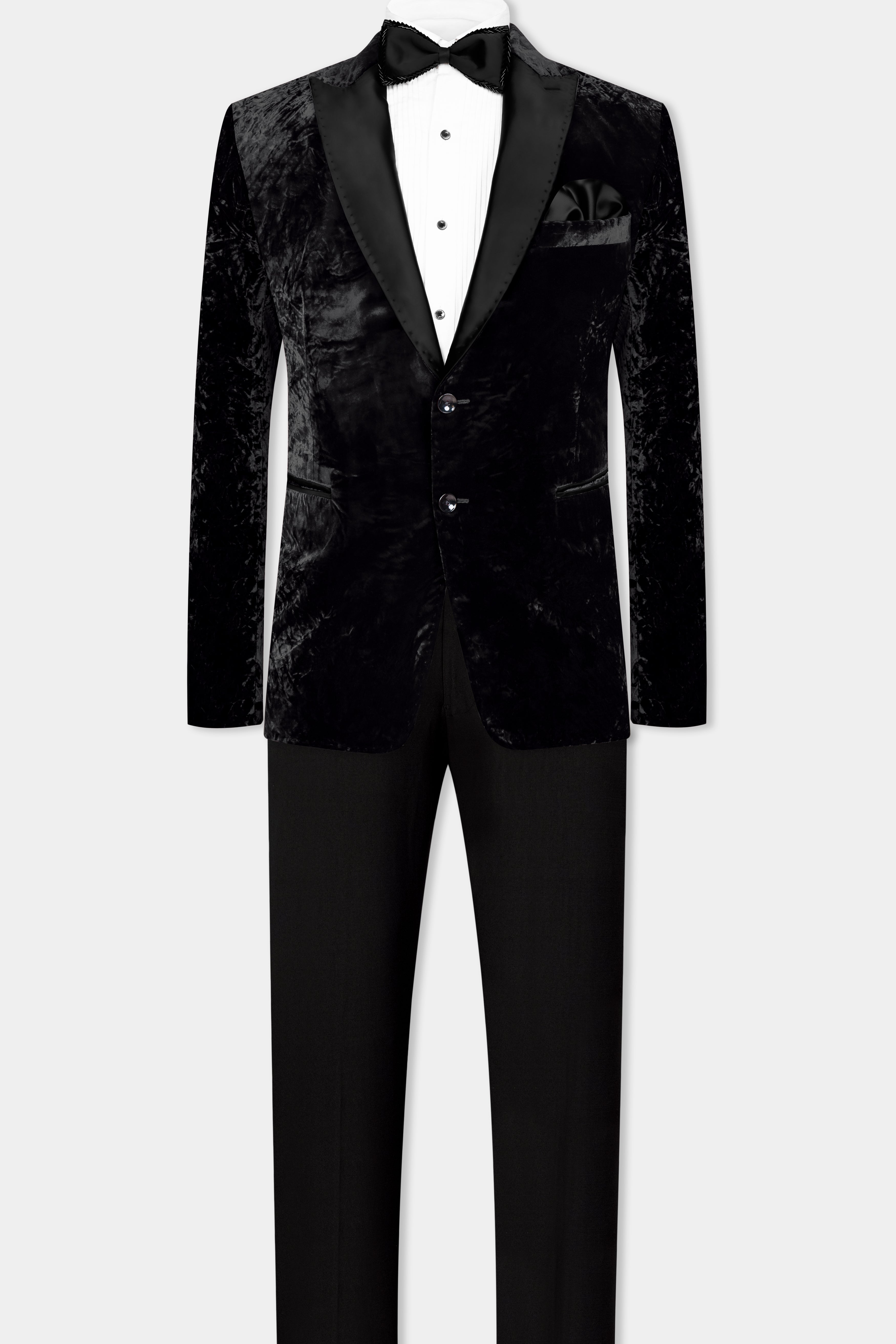 Jade Black Crushed Velvet Peak Collar Tuxedo Suit