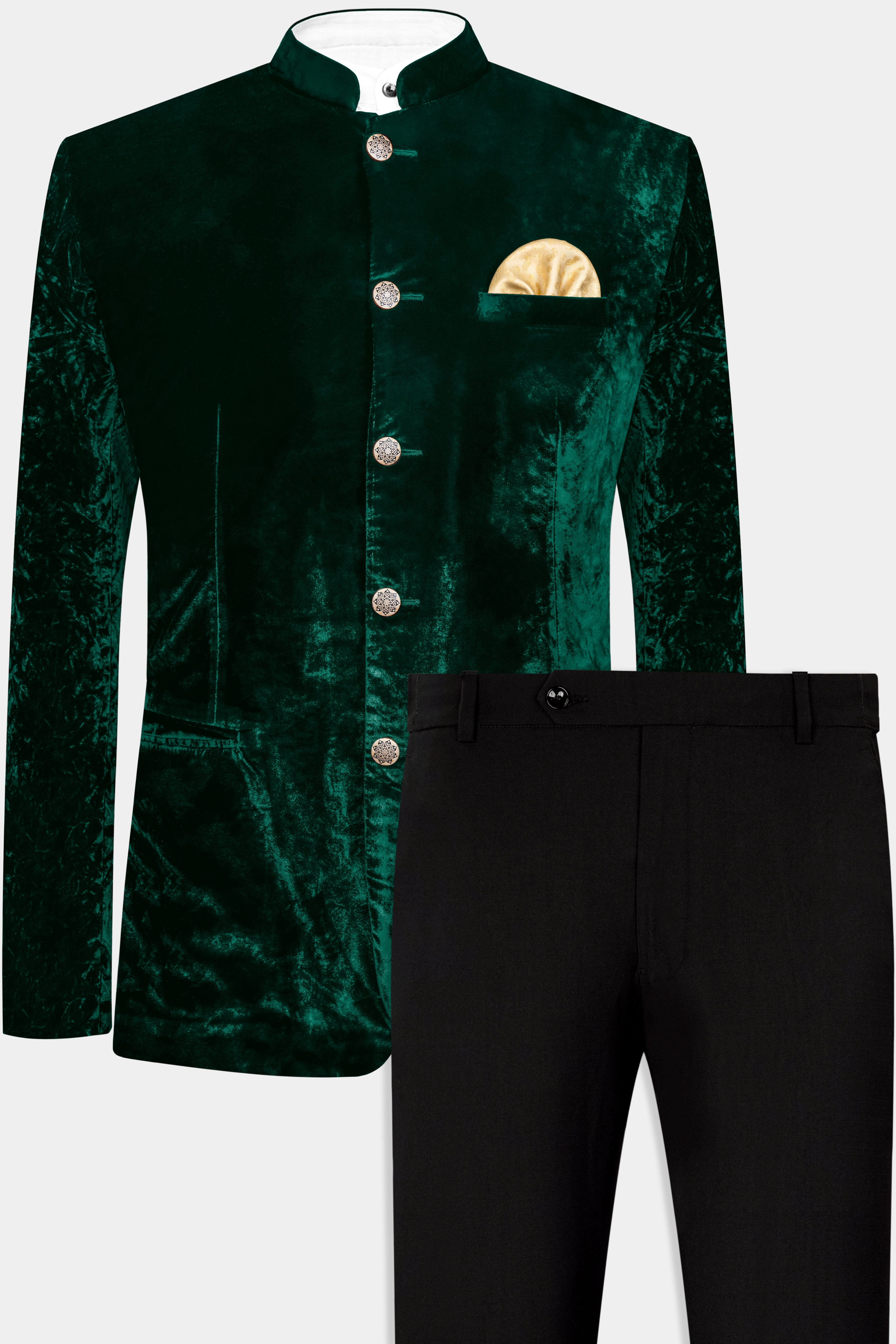 Sacramento Green Crushed Velvet Bandhgala Suit