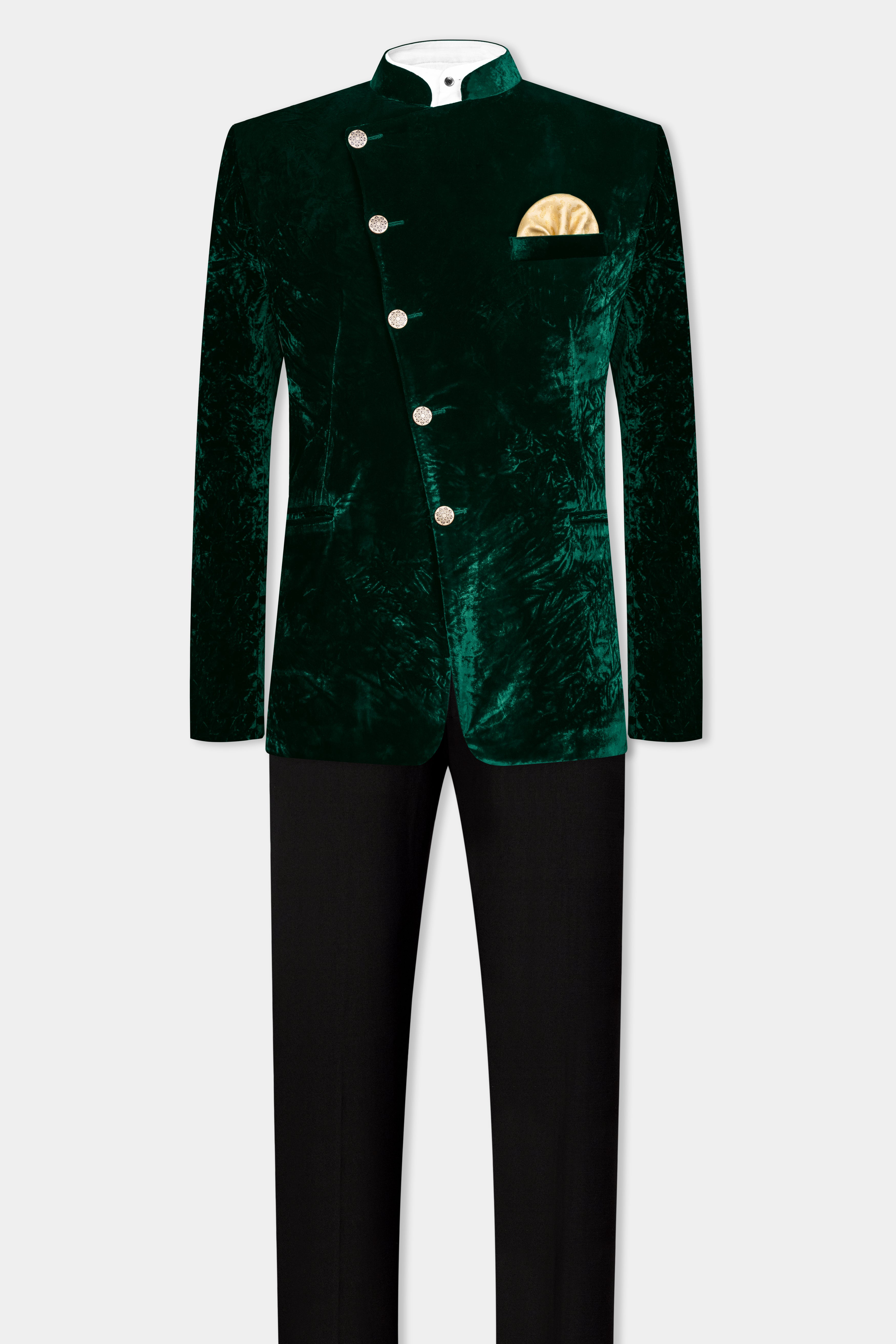 Sacramento Green Crushed Velvet Cross Placket Bandhgala Suit