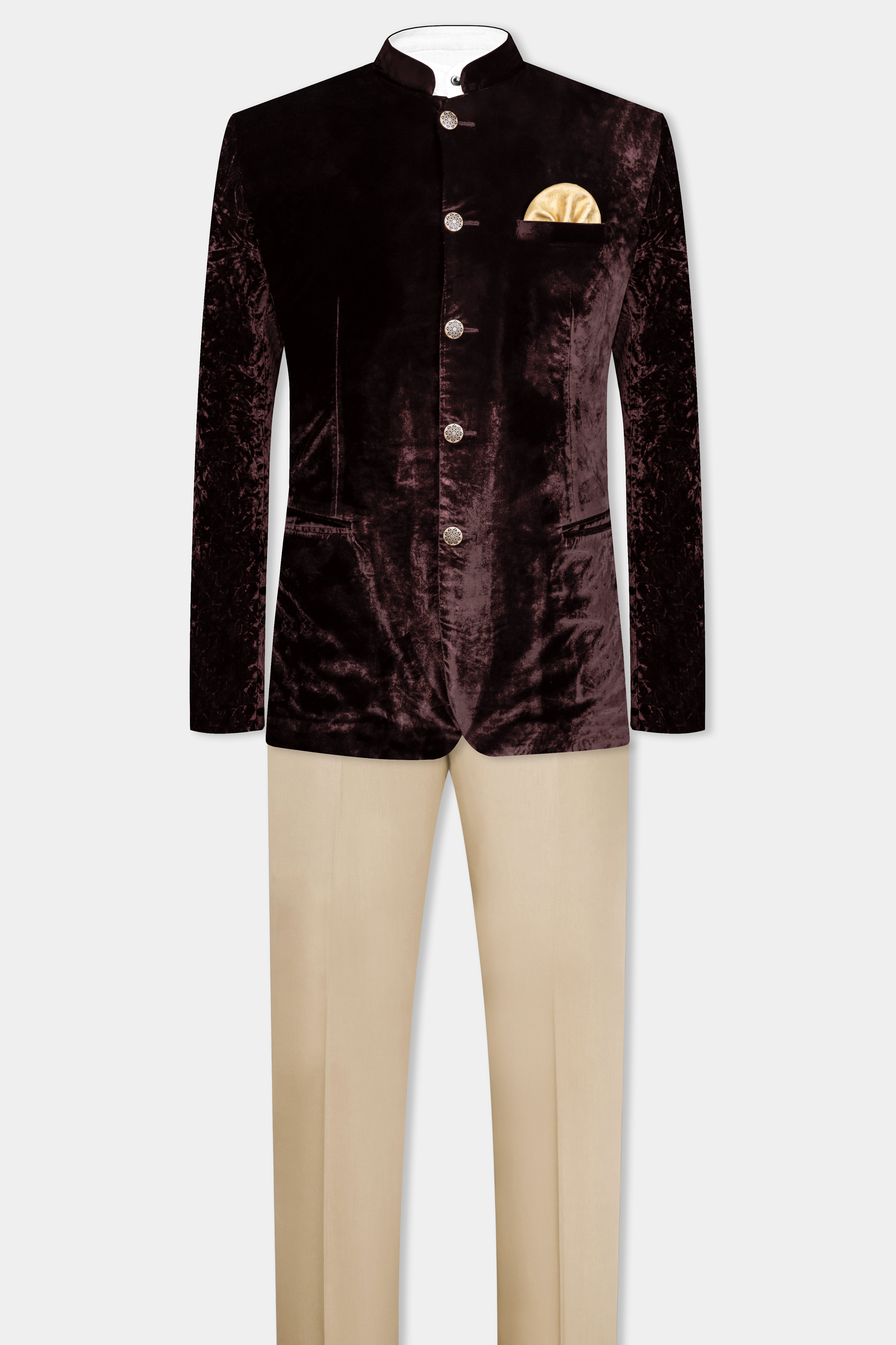 Asphalt Brown Crushed Velvet Bandhgala Suit