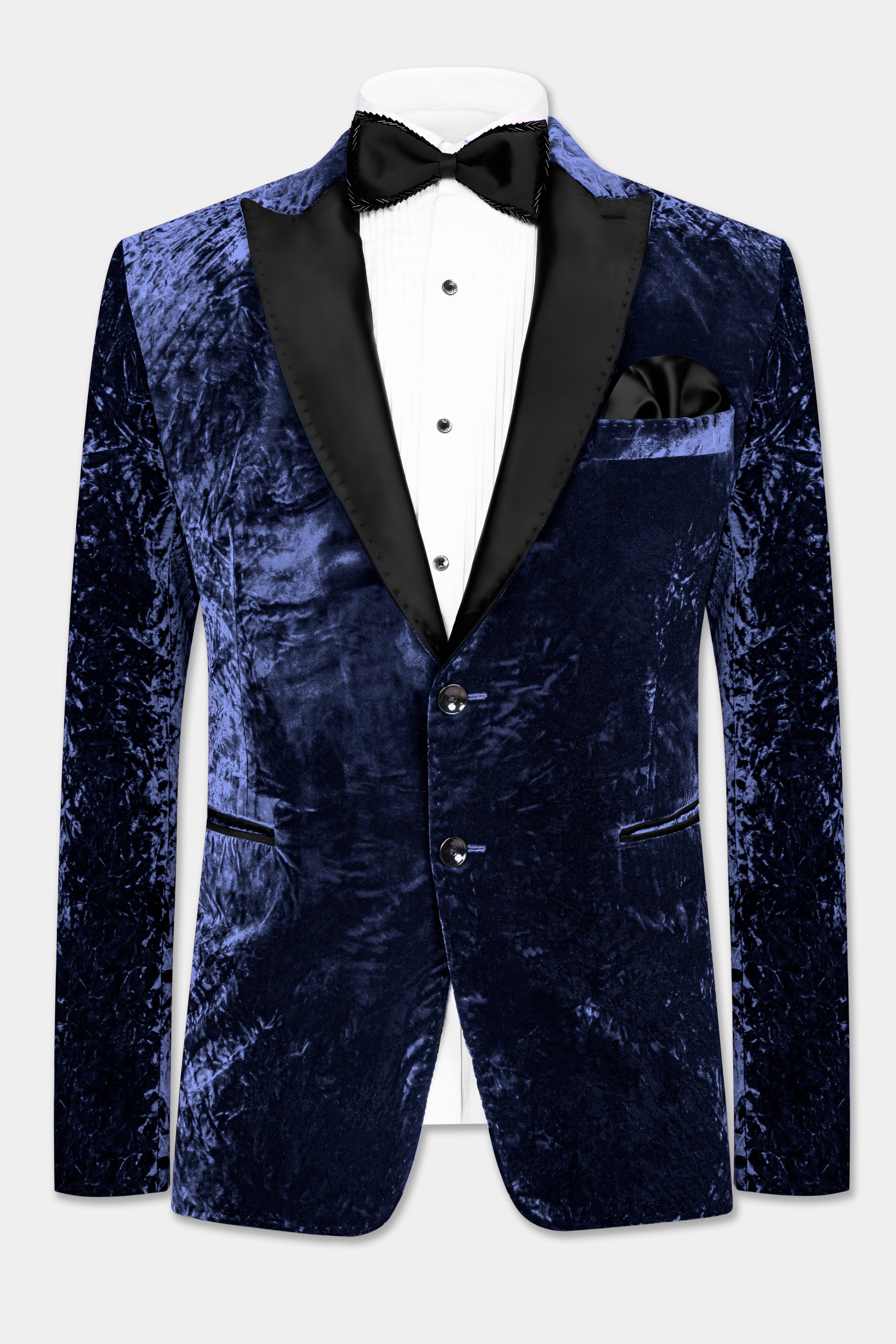 Ebony Blue Crushed Velvet Peak Collar Tuxedo Suit