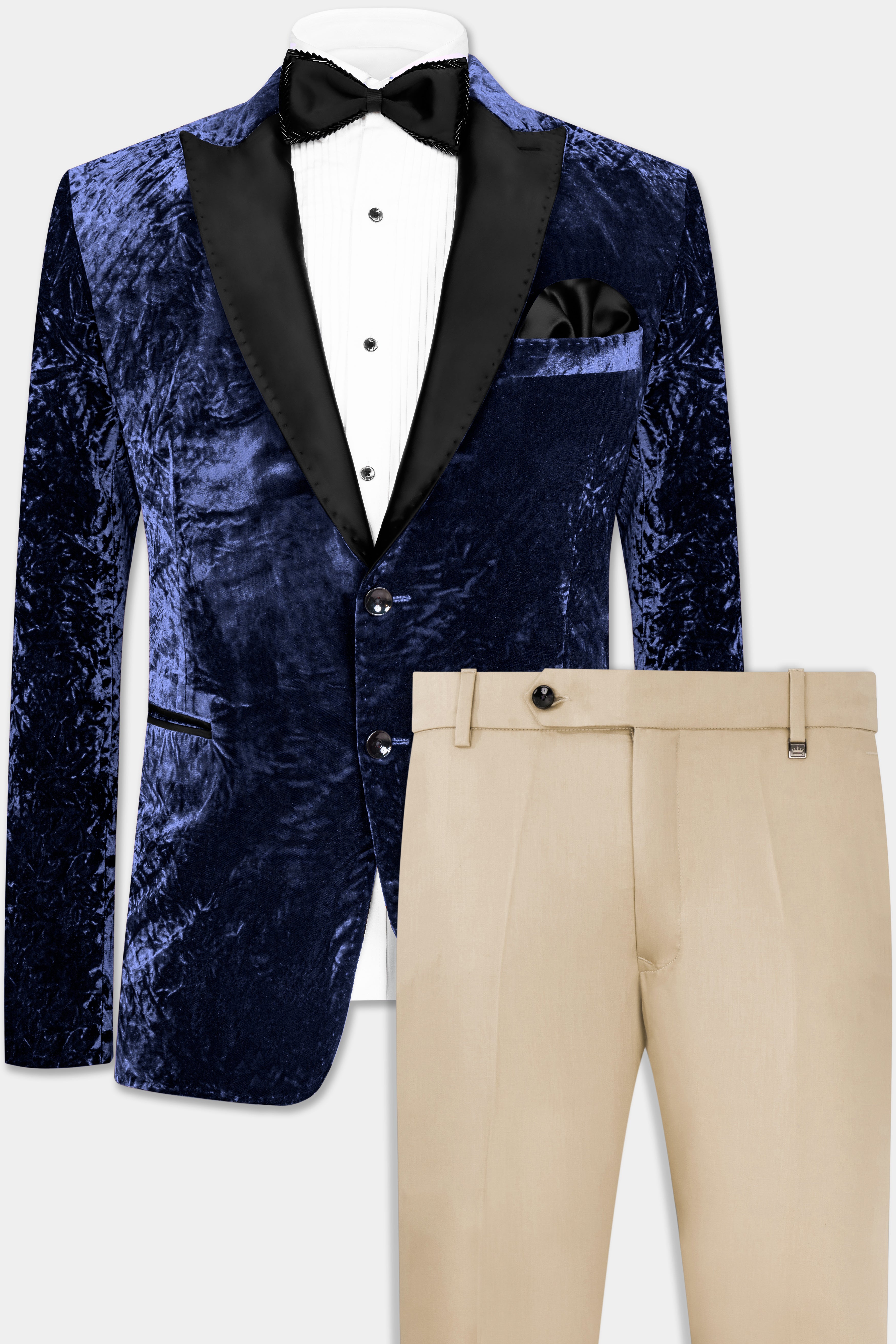 Ebony Blue Crushed Velvet Peak Collar Tuxedo Suit