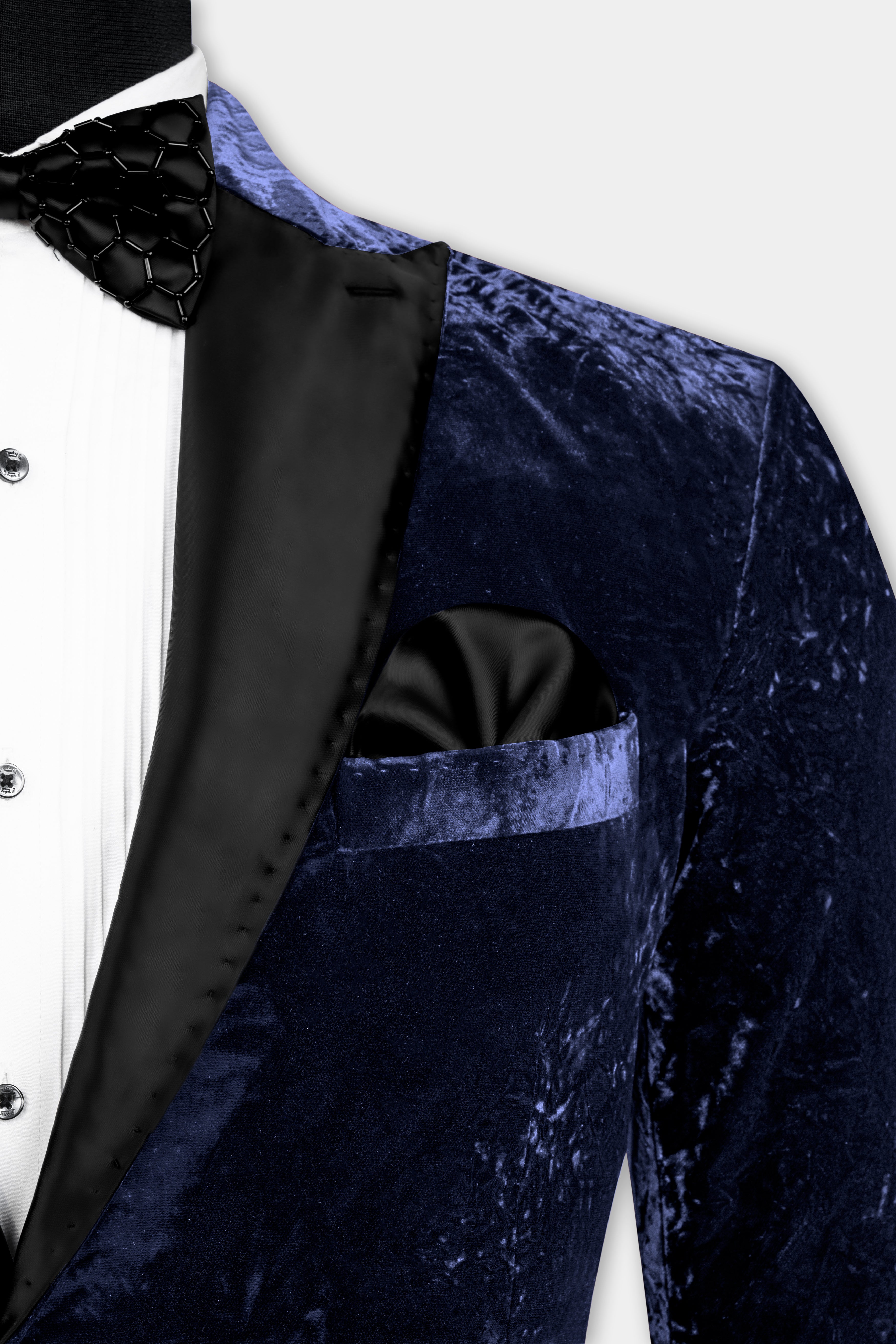 Ebony Blue Crushed Velvet Peak Collar Tuxedo Suit