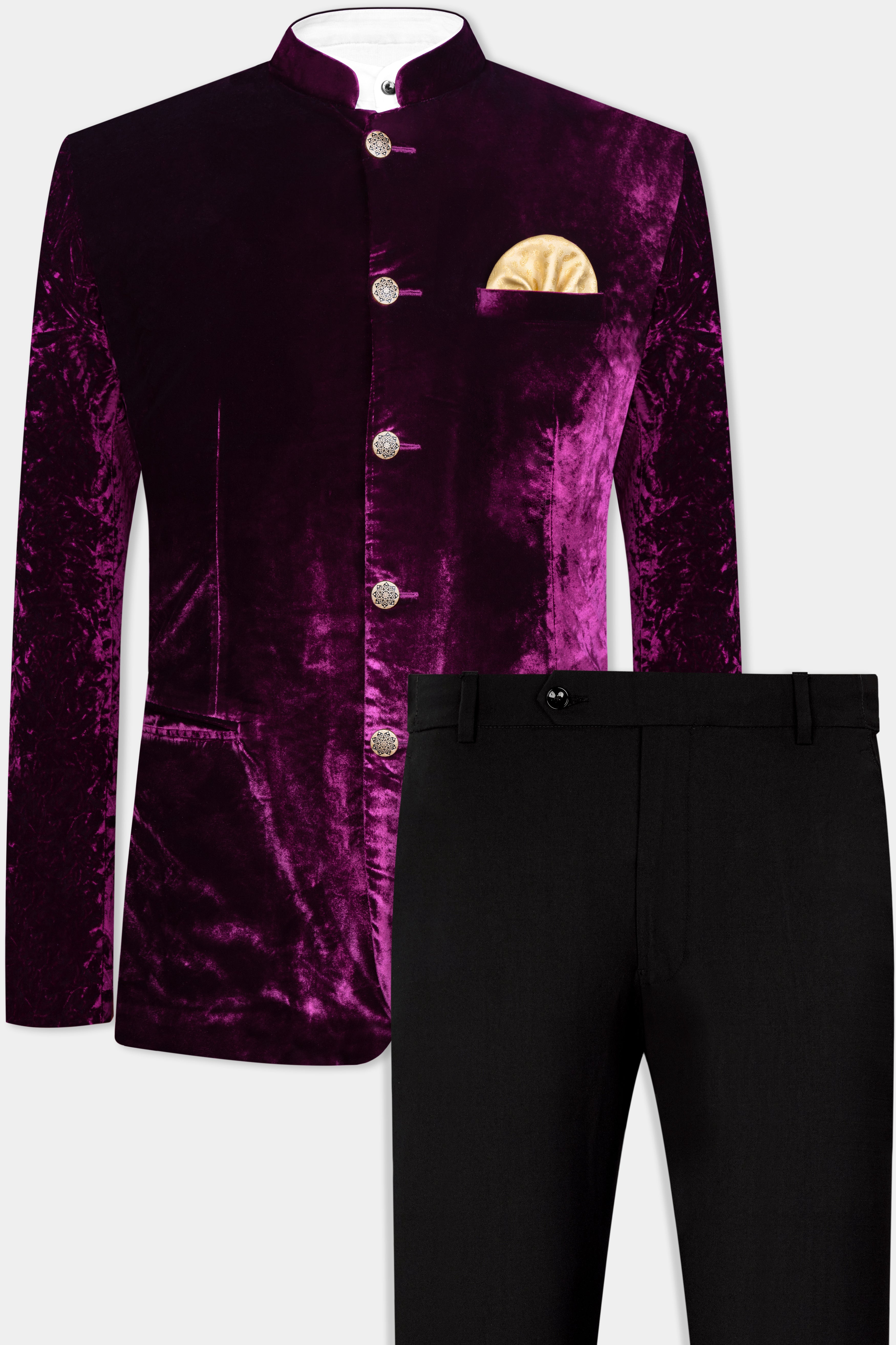 Melanzane Purple Crushed Velvet Bandhgala Suit