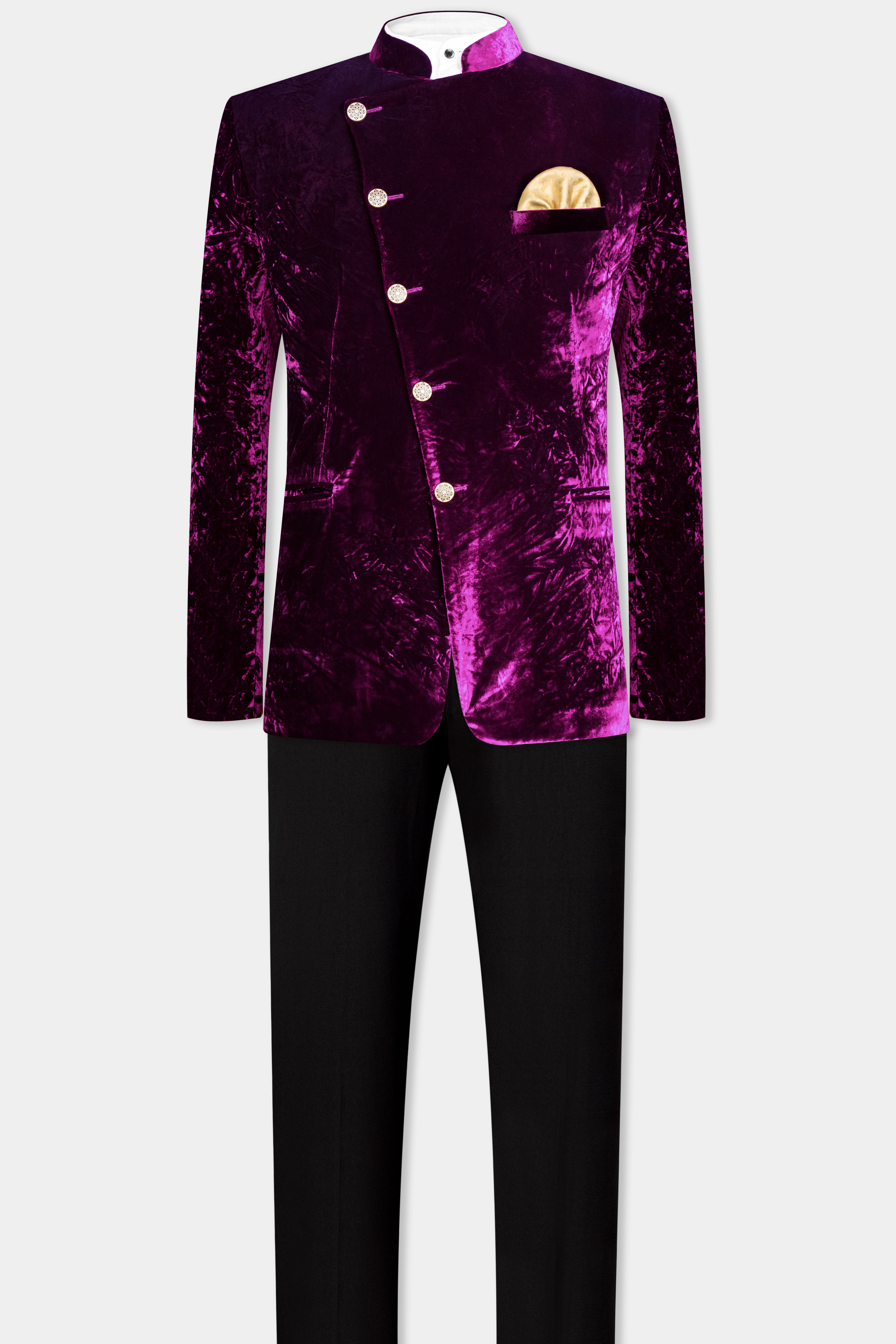 Melanzane Purple Crushed Velvet Cross Placket Bandhgala Suit