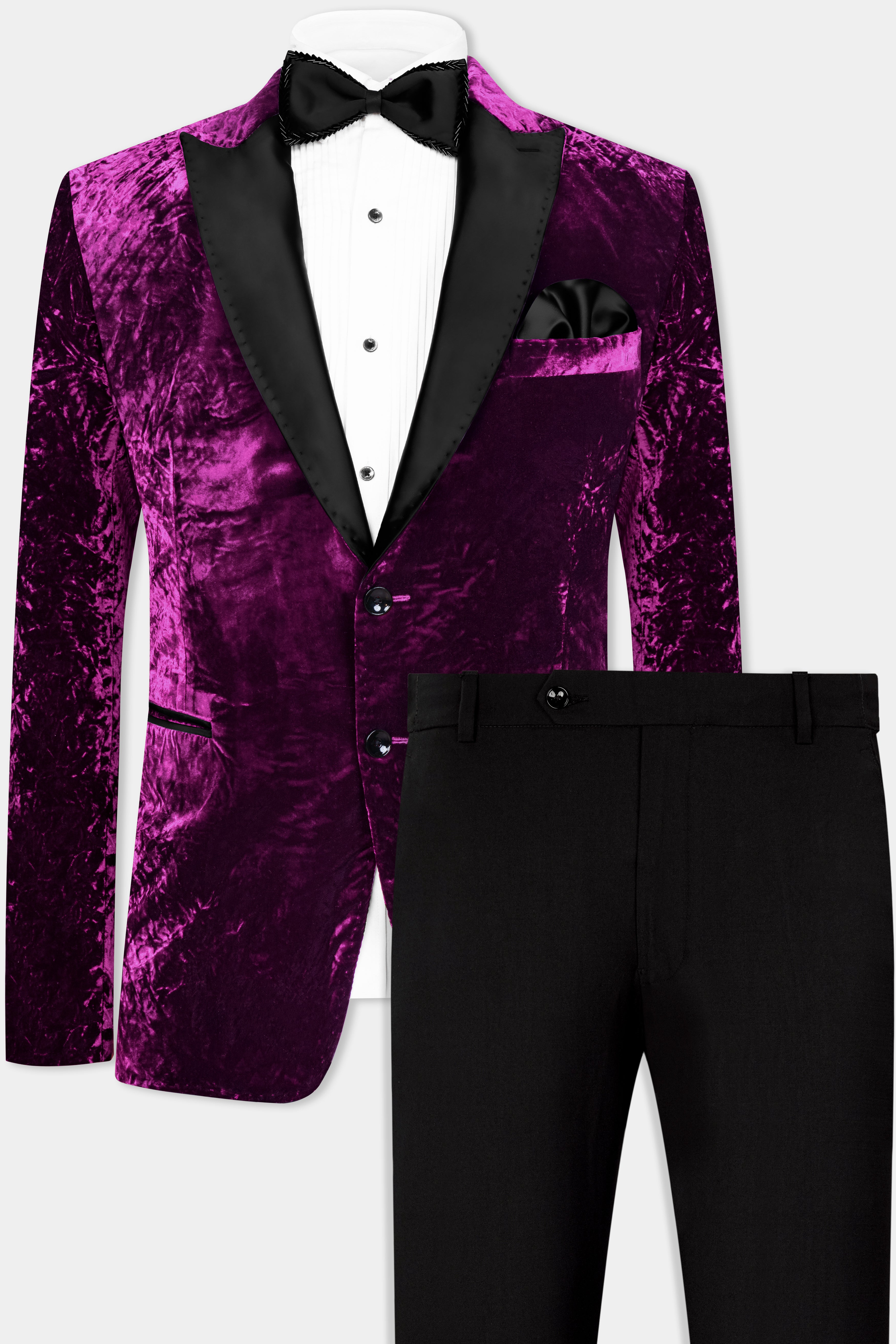 Melanzane Purple Crushed Velvet Peak Collar Tuxedo Suit