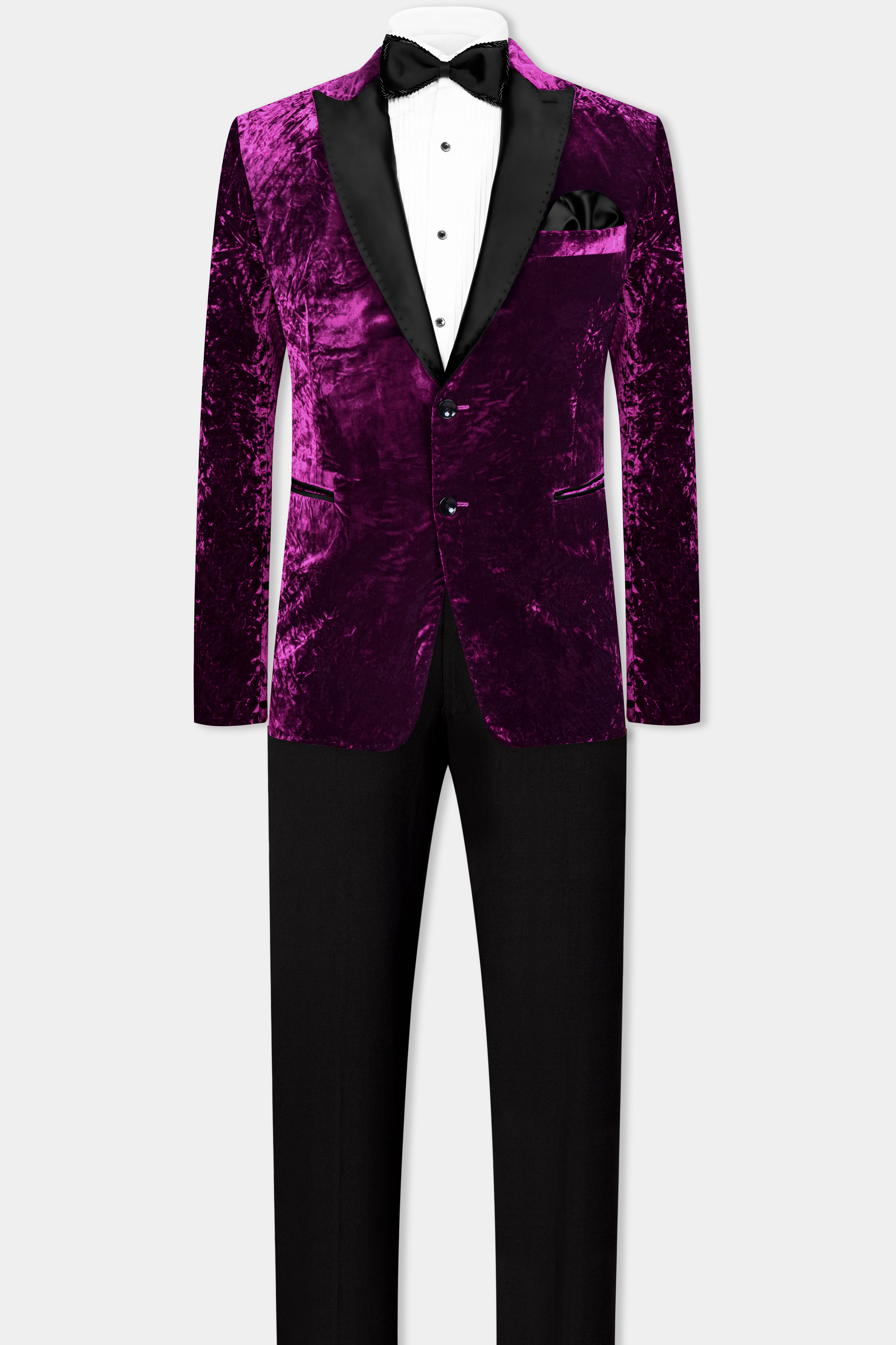 Melanzane Purple Crushed Velvet Peak Collar Tuxedo Suit