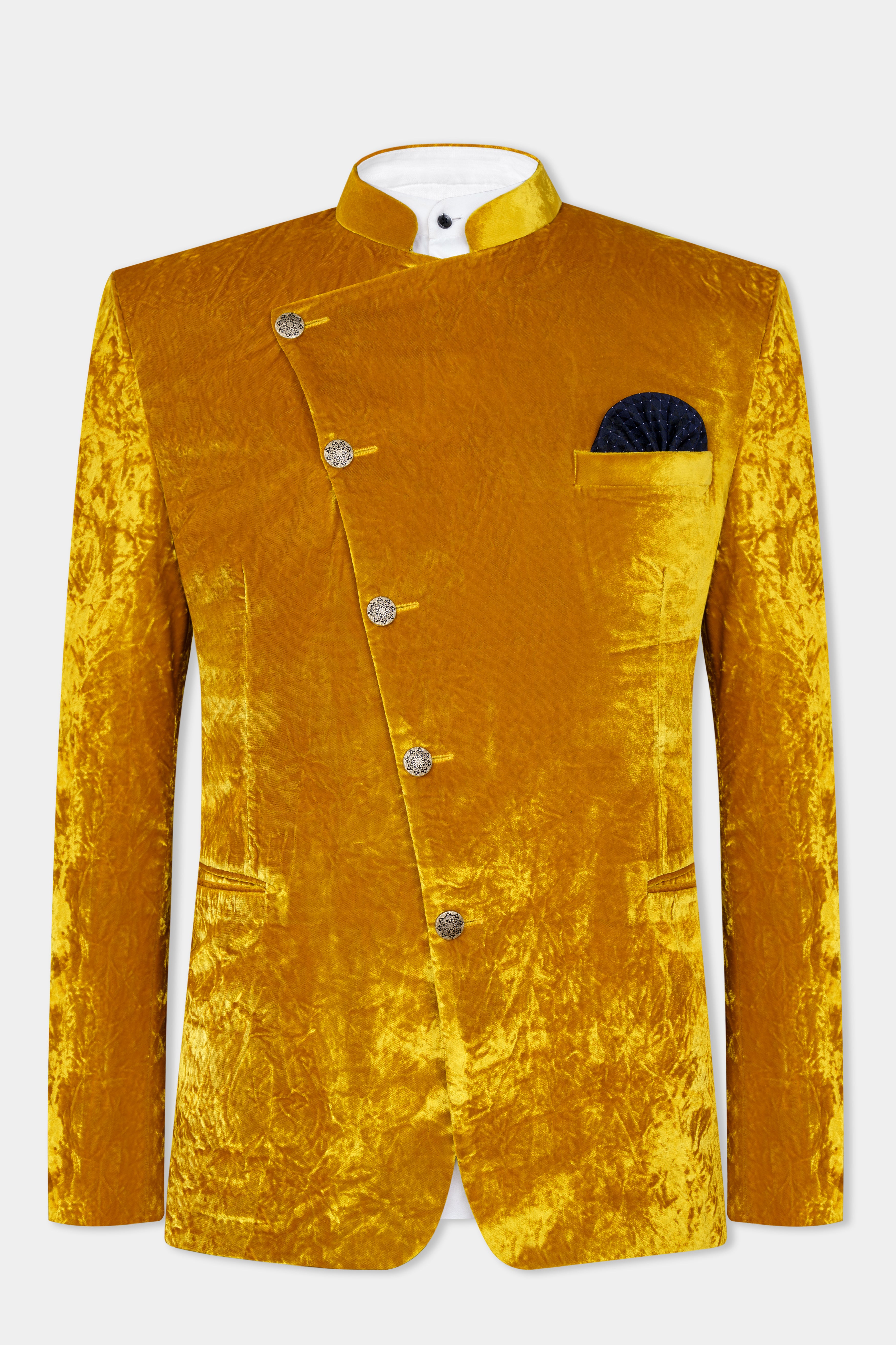 Gamboge Yellow Crushed Velvet Cross Placket Bandhgala Suit