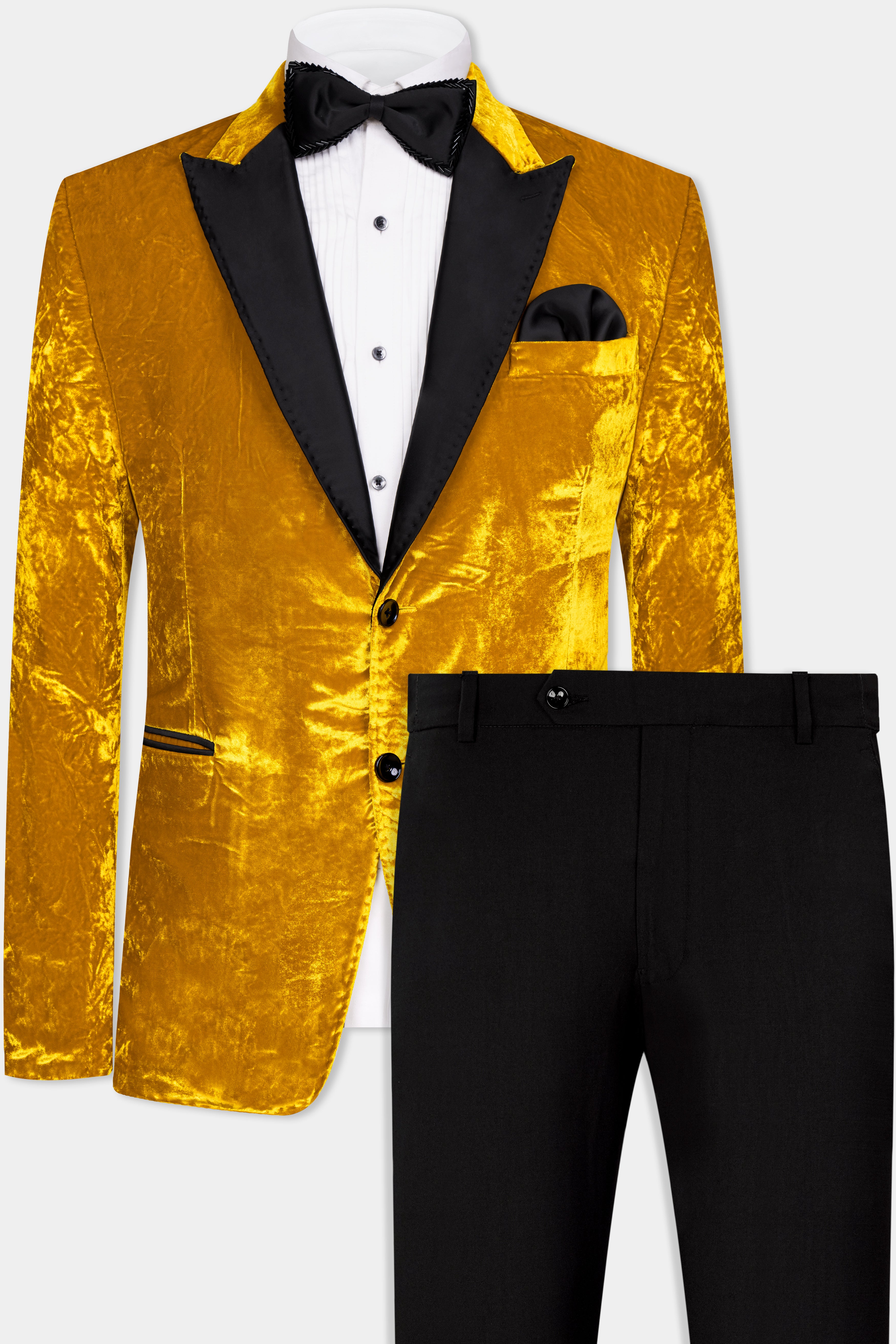 Gamboge Yellow Crushed Velvet Peak Collar Tuxedo Suit