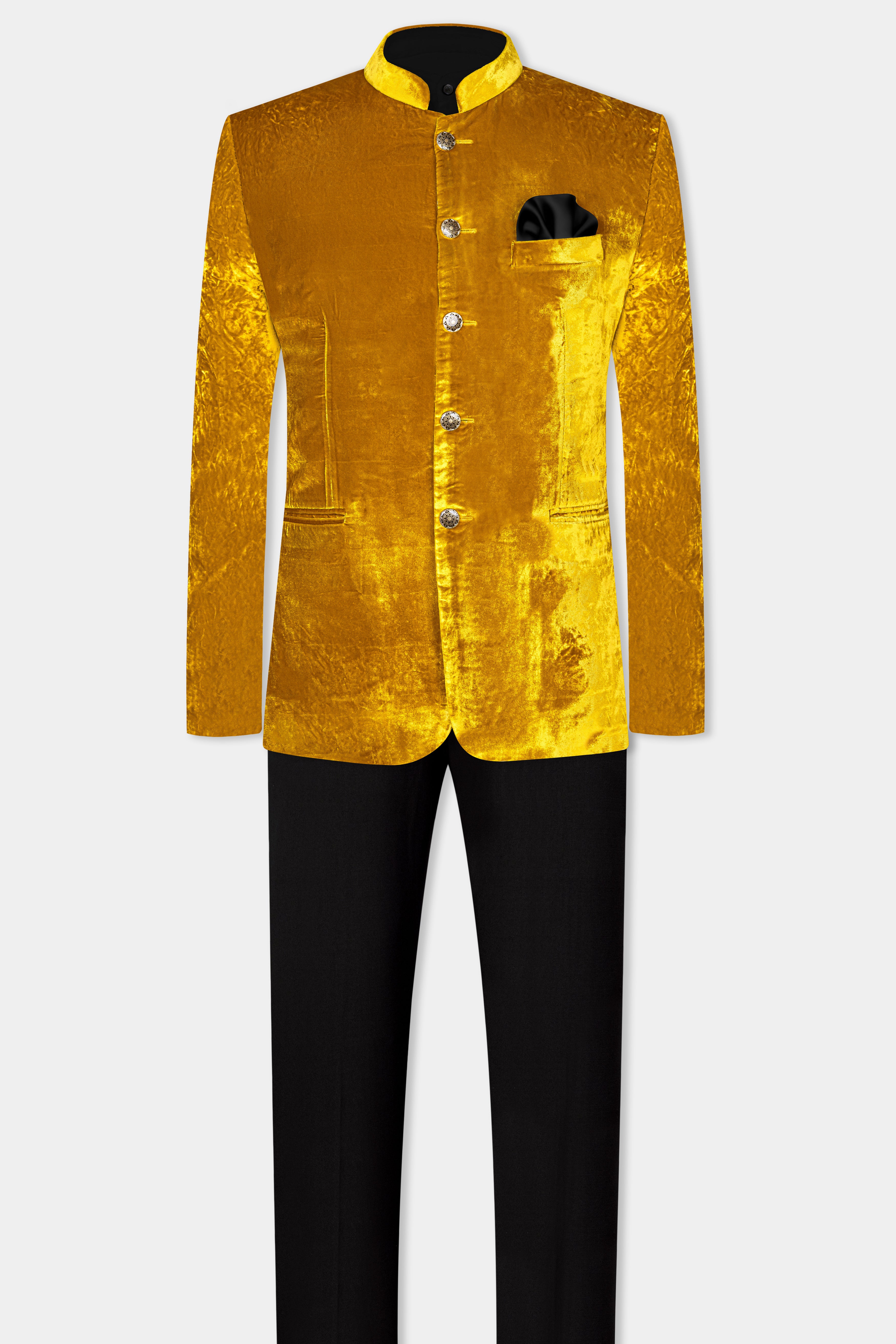 Gamboge Yellow Crushed Velvet Bandhgala Suit