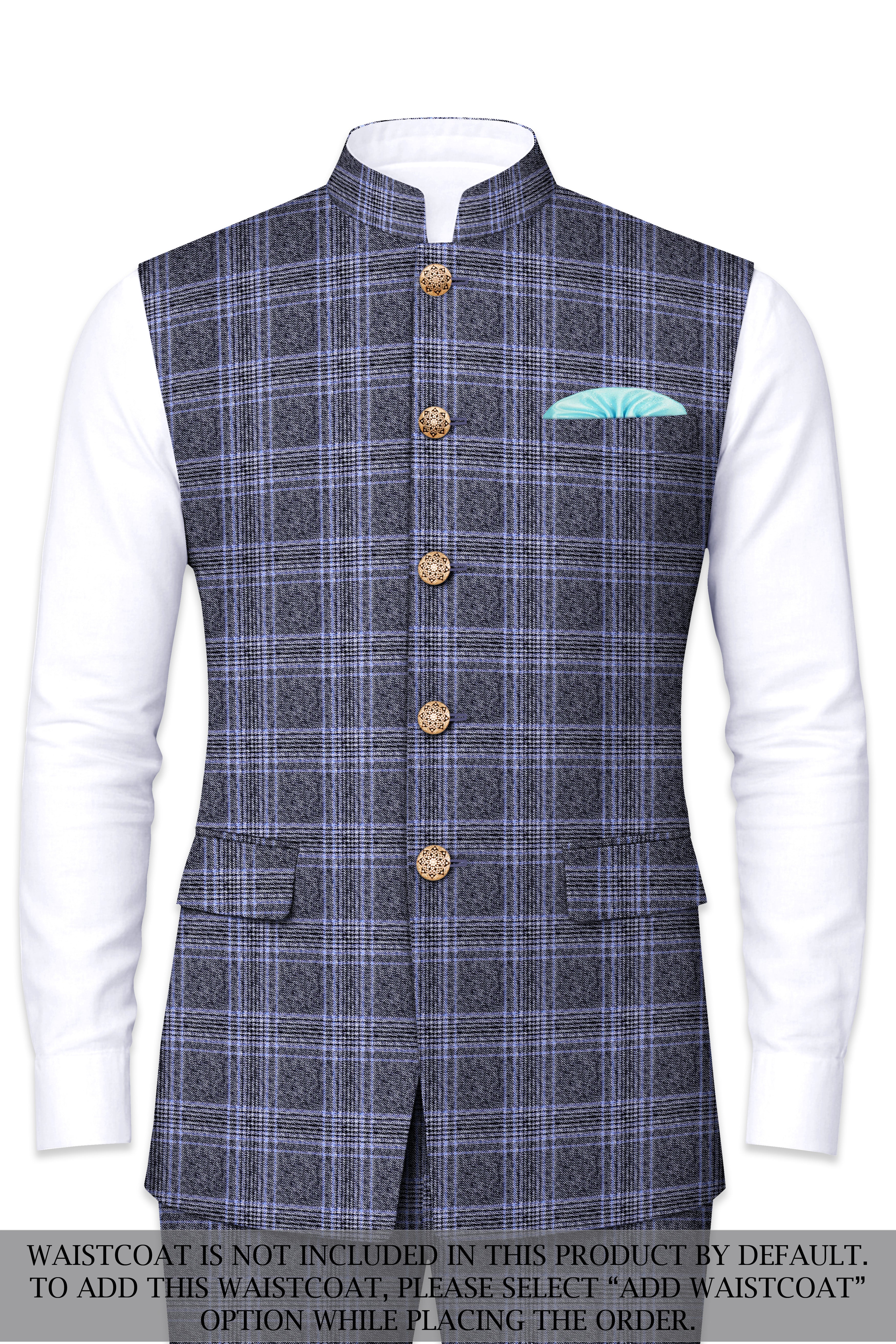 Dolphin And Casper Blue Checkered Cross Placket Bandhgala Wool Rich Suit