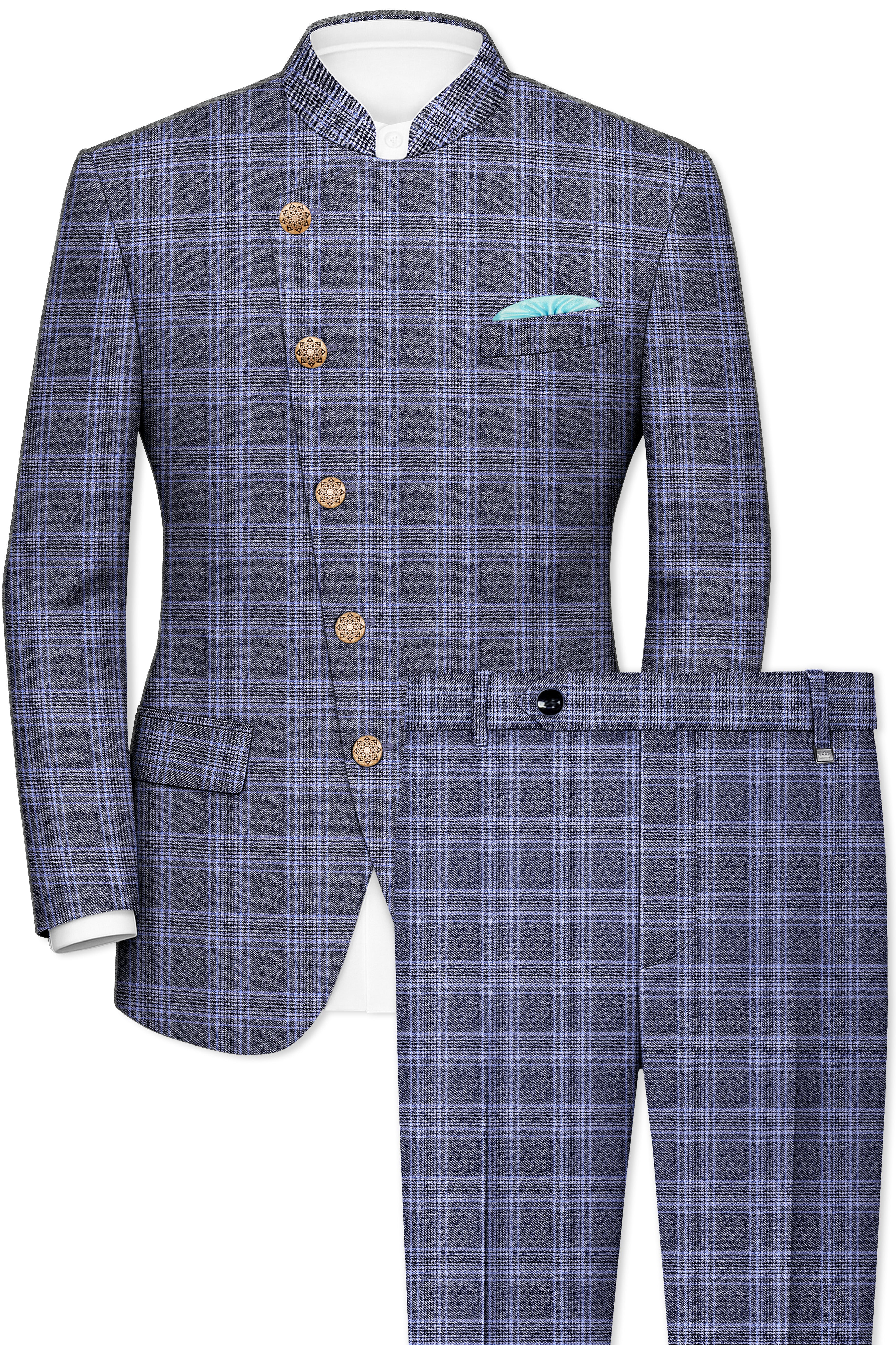 Dolphin And Casper Blue Checkered Cross Placket Bandhgala Wool Rich Suit