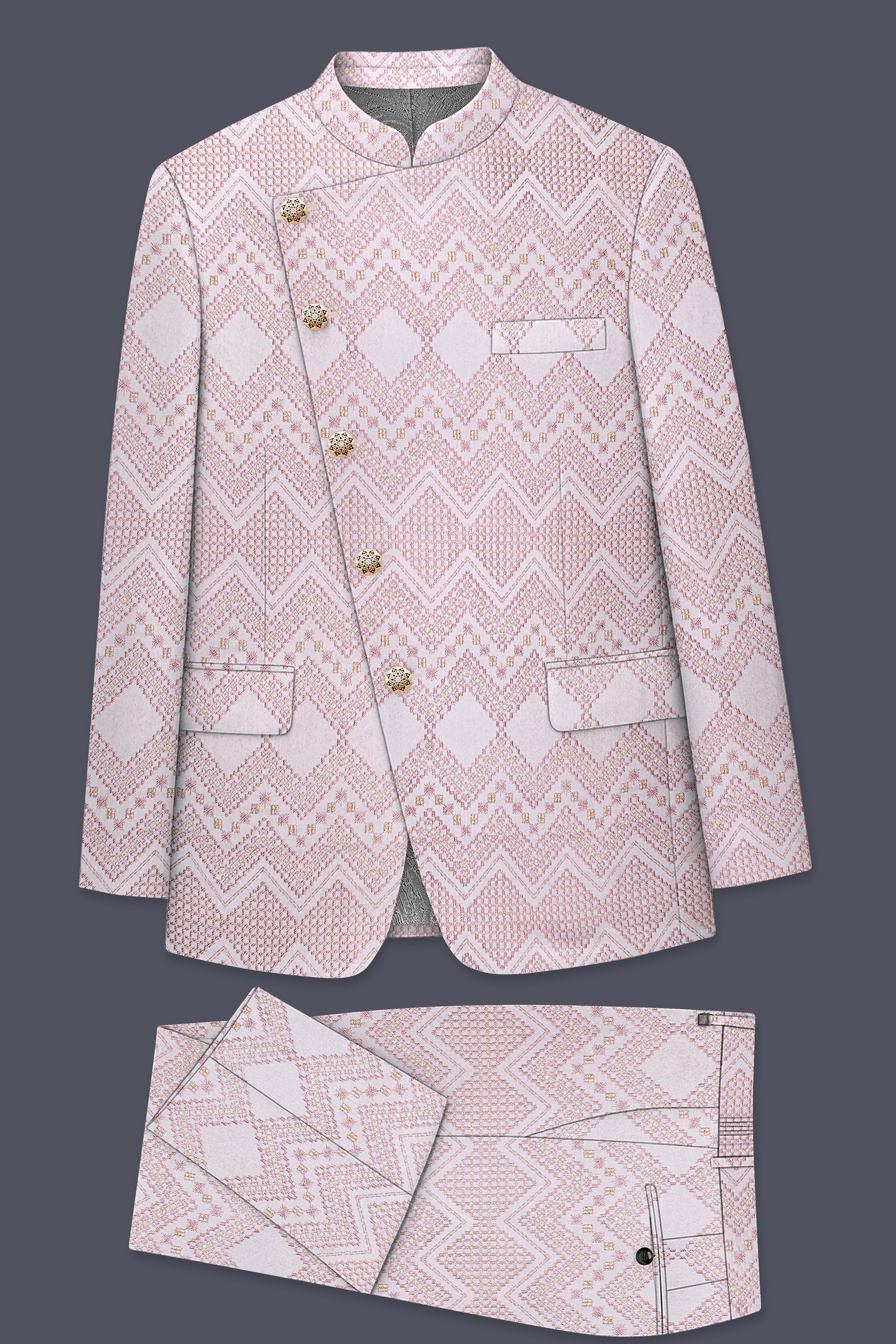 Florissa-Blossom Pink Chevron Sequin And Silk Thread Embroidered Cross-Button Bandhgala Suit