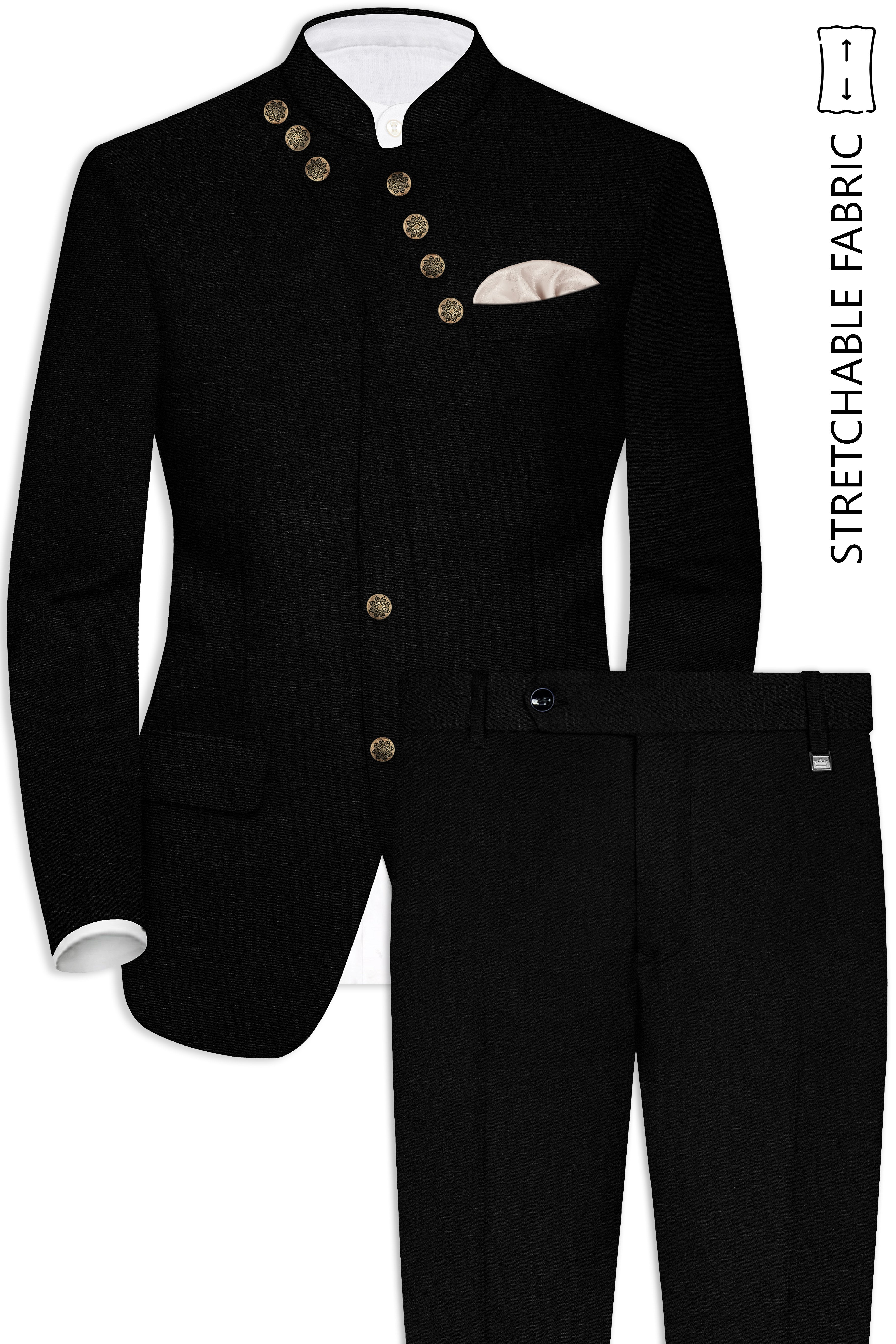 Jade Black Stretchable Subtle Sheen Cross Placket Bandhgala/Mandarin wool blend Designer Suit
