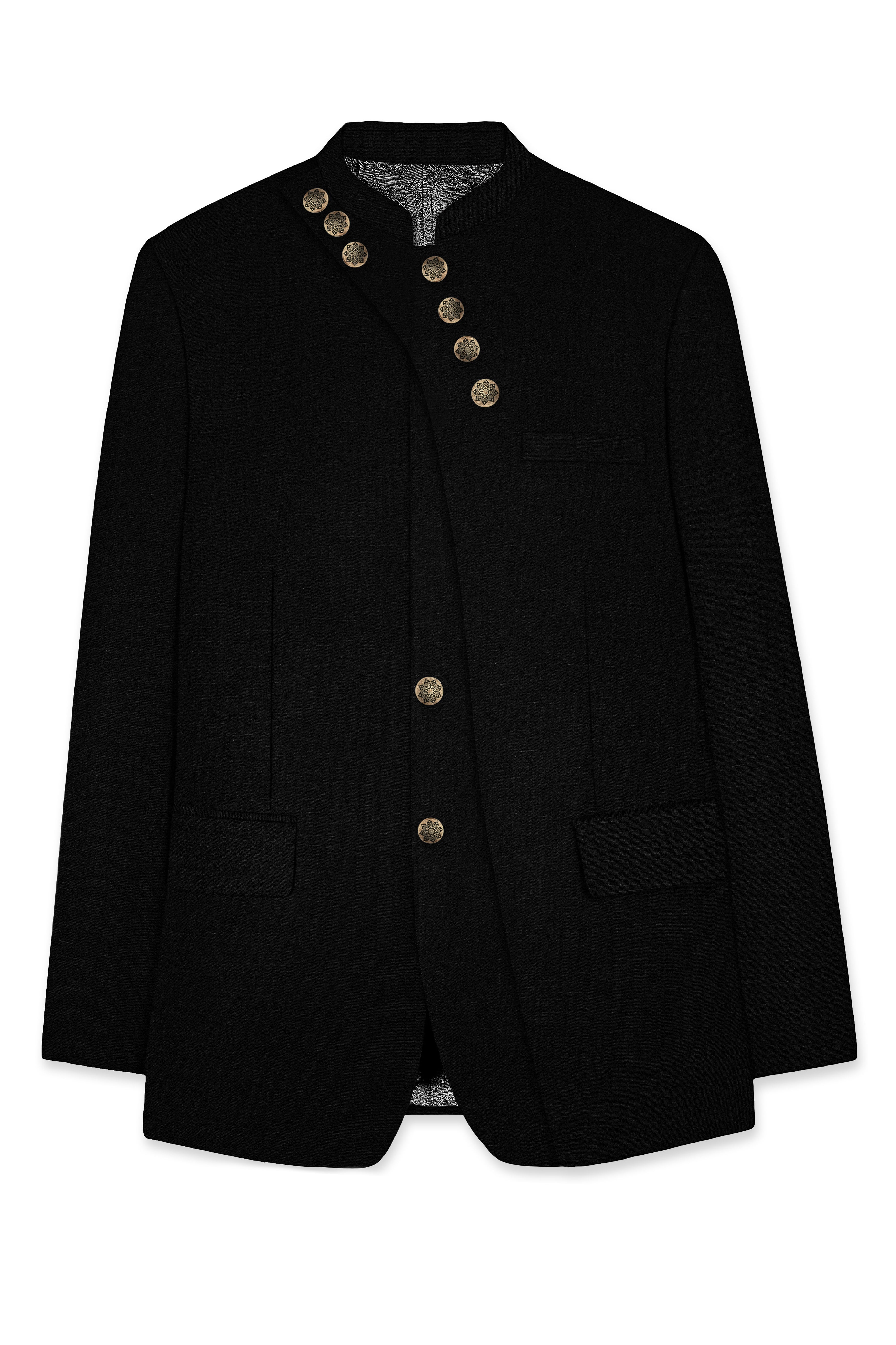 Jade Black Stretchable Subtle Sheen Cross Placket Bandhgala/Mandarin wool blend Designer Suit