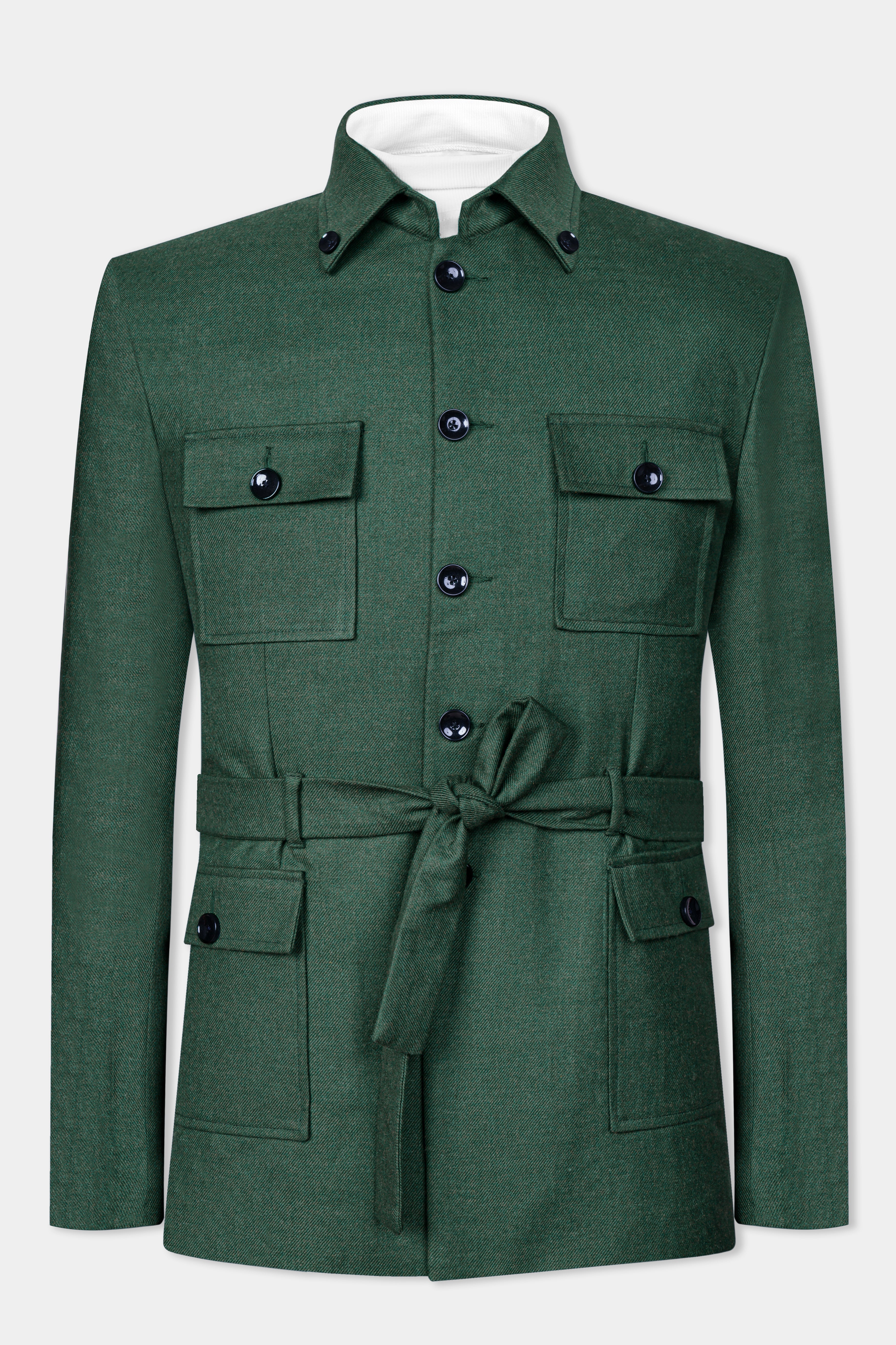 Plantation Green Tweed  Designer Jacket Suit With Functional Belt Fastening