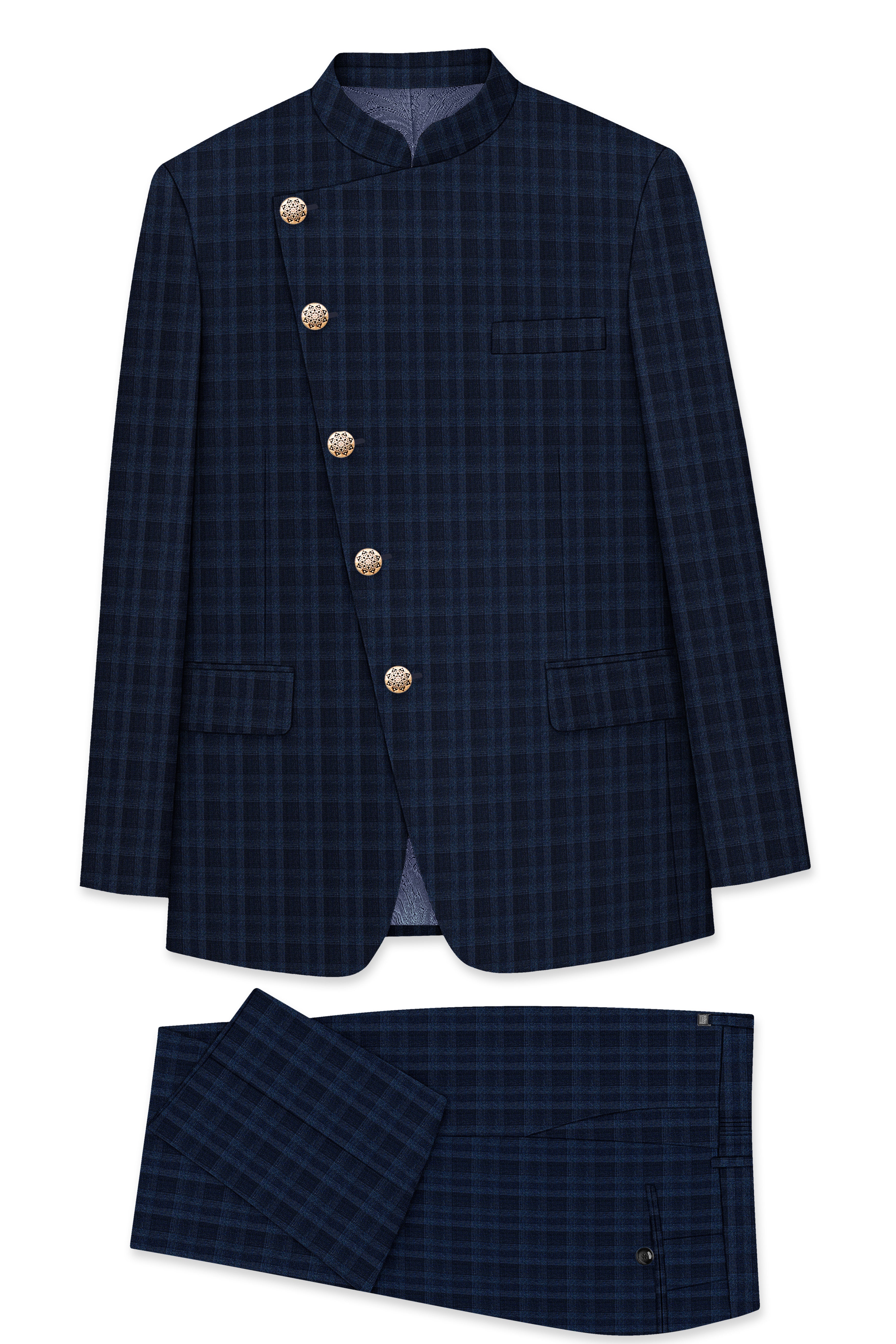 Baltic Blue Plaid Wool Rich Cross Placket Bandhgala Suit