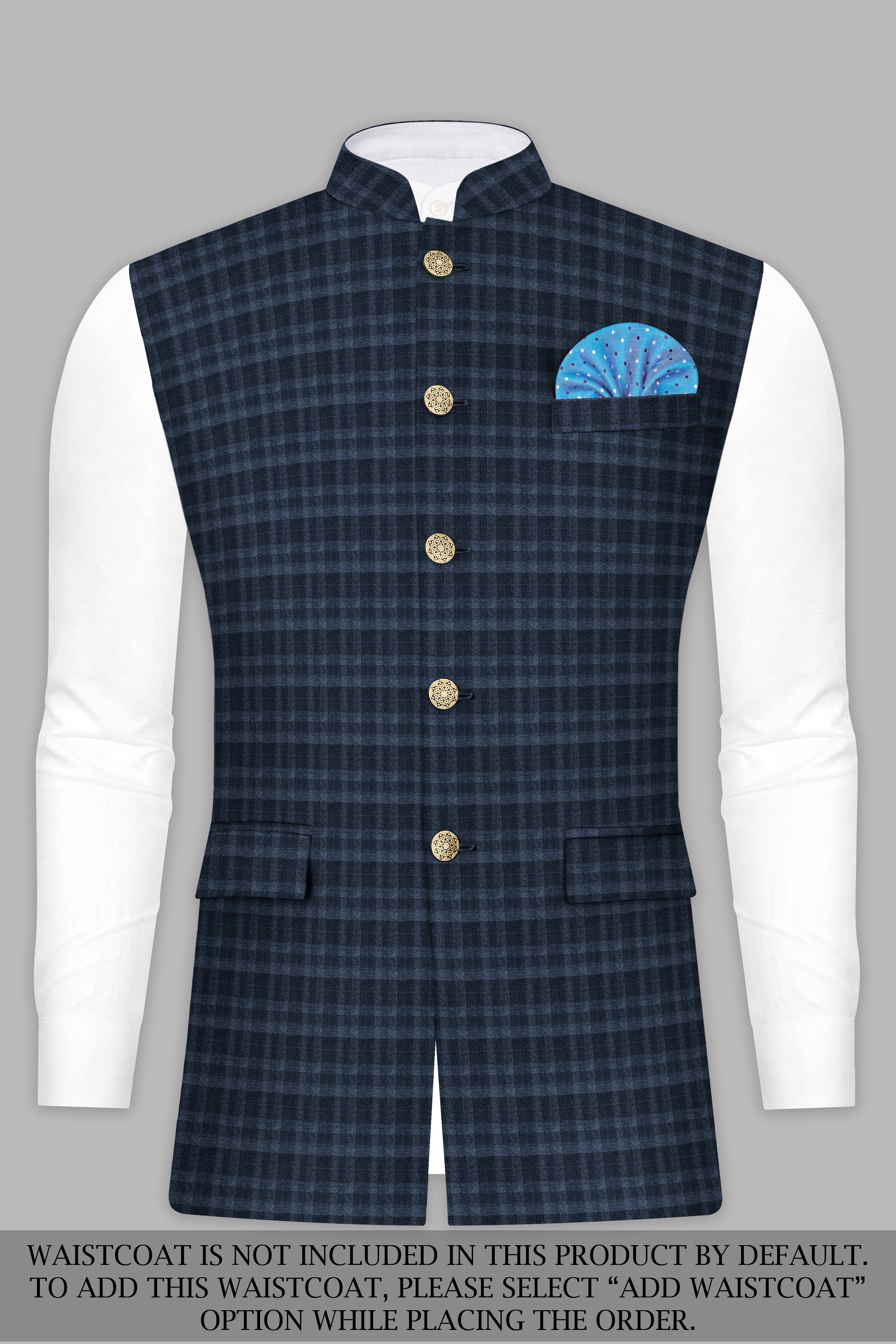 Baltic Blue Plaid Wool Rich Cross Placket Bandhgala Suit