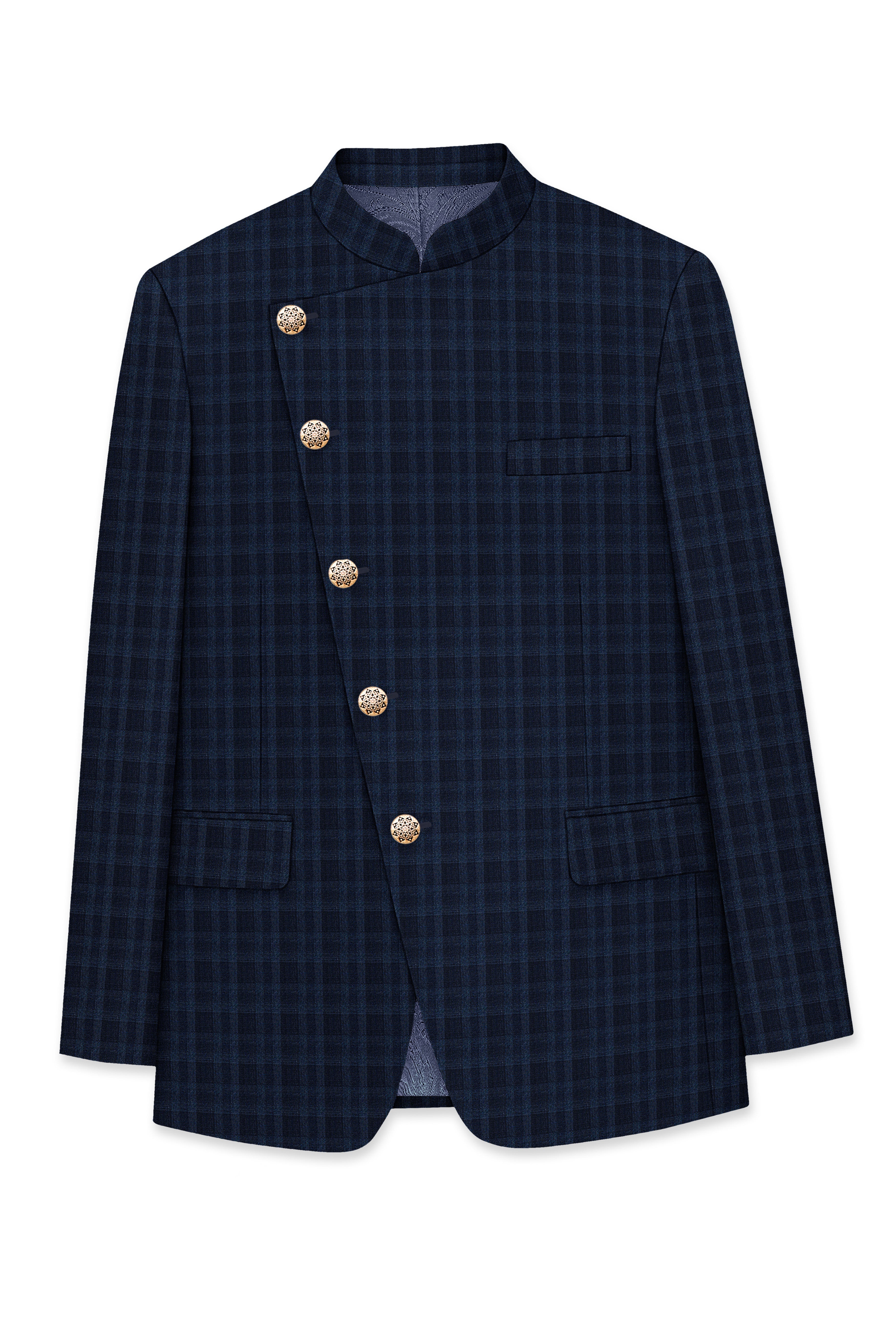 Baltic Blue Plaid Wool Rich Cross Placket Bandhgala Suit