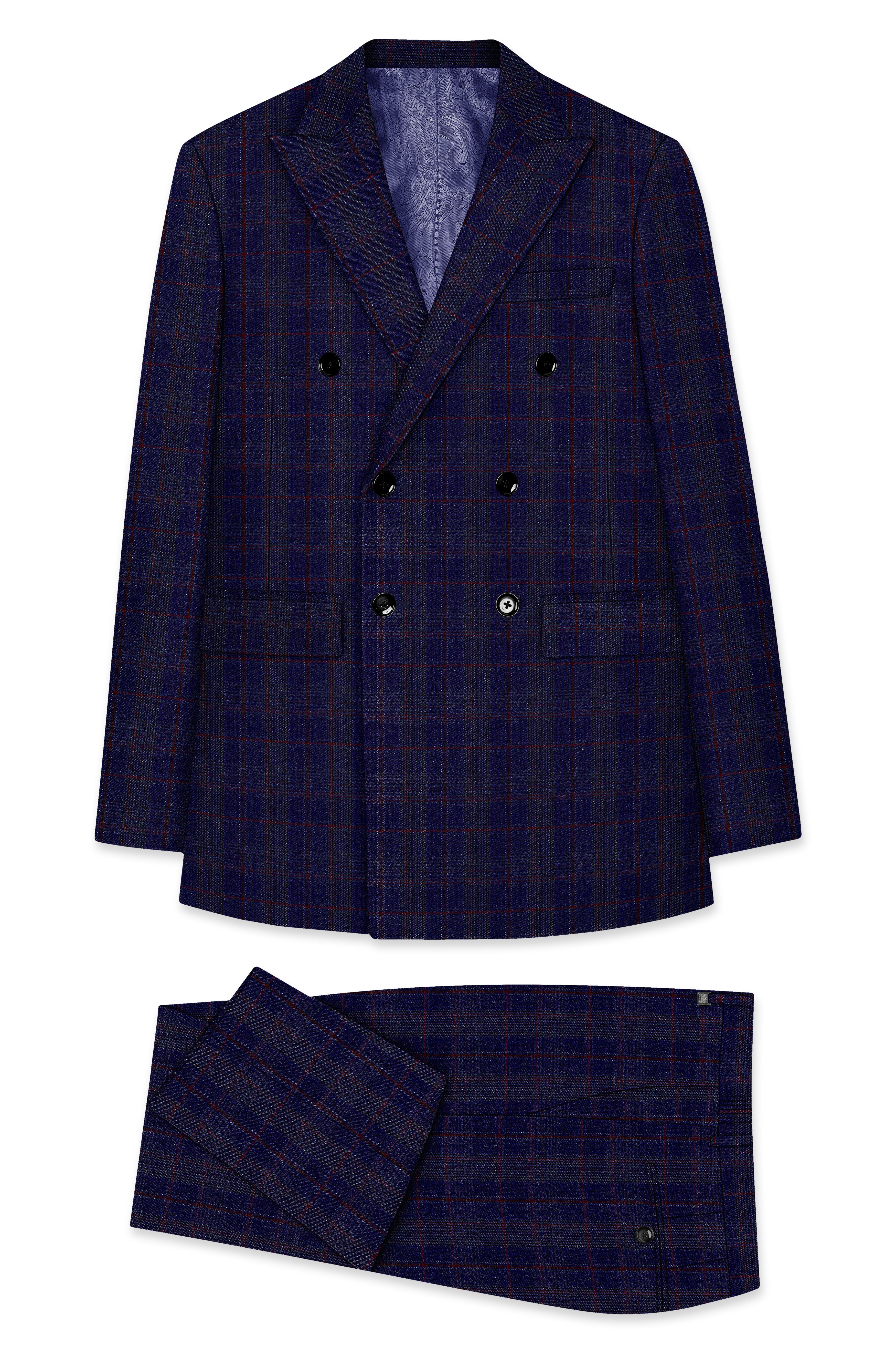 Tuna Blue Checkered Wool Blend Double Breasted Suit