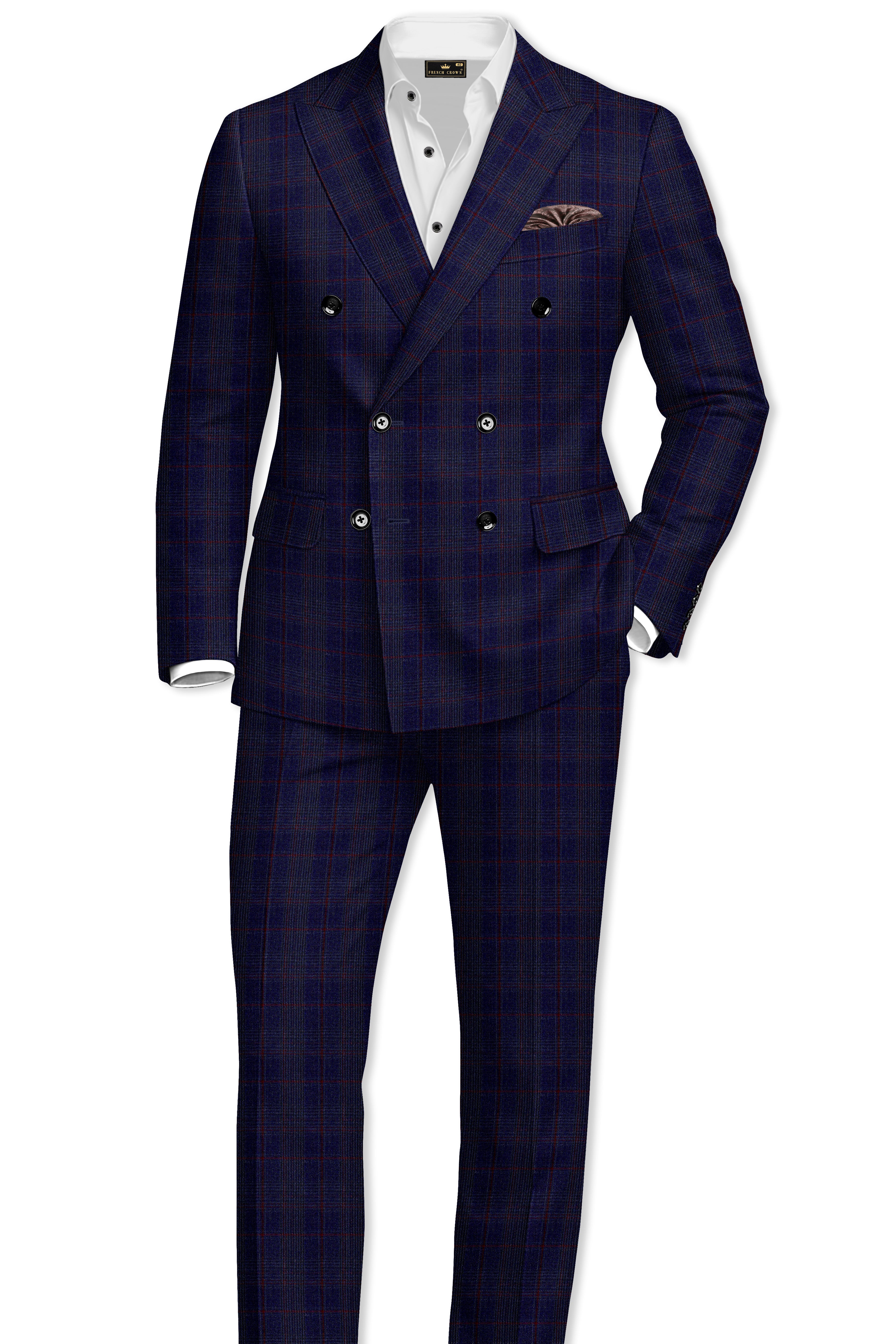 Tuna Blue Checkered Wool Blend Double Breasted Suit
