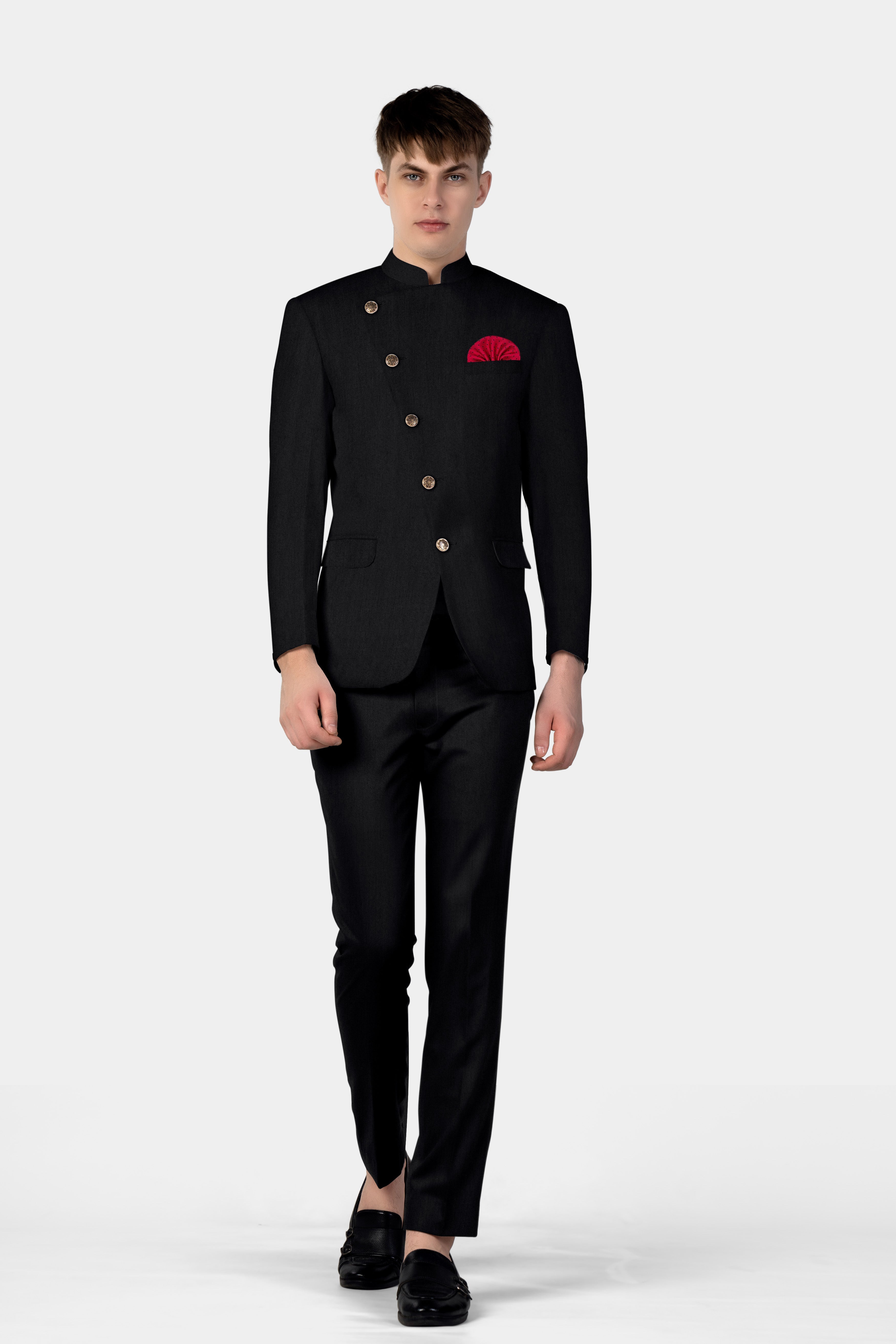 Jade Black Plain Solid Wool Blend Cross Placket Bandhgala Suit
