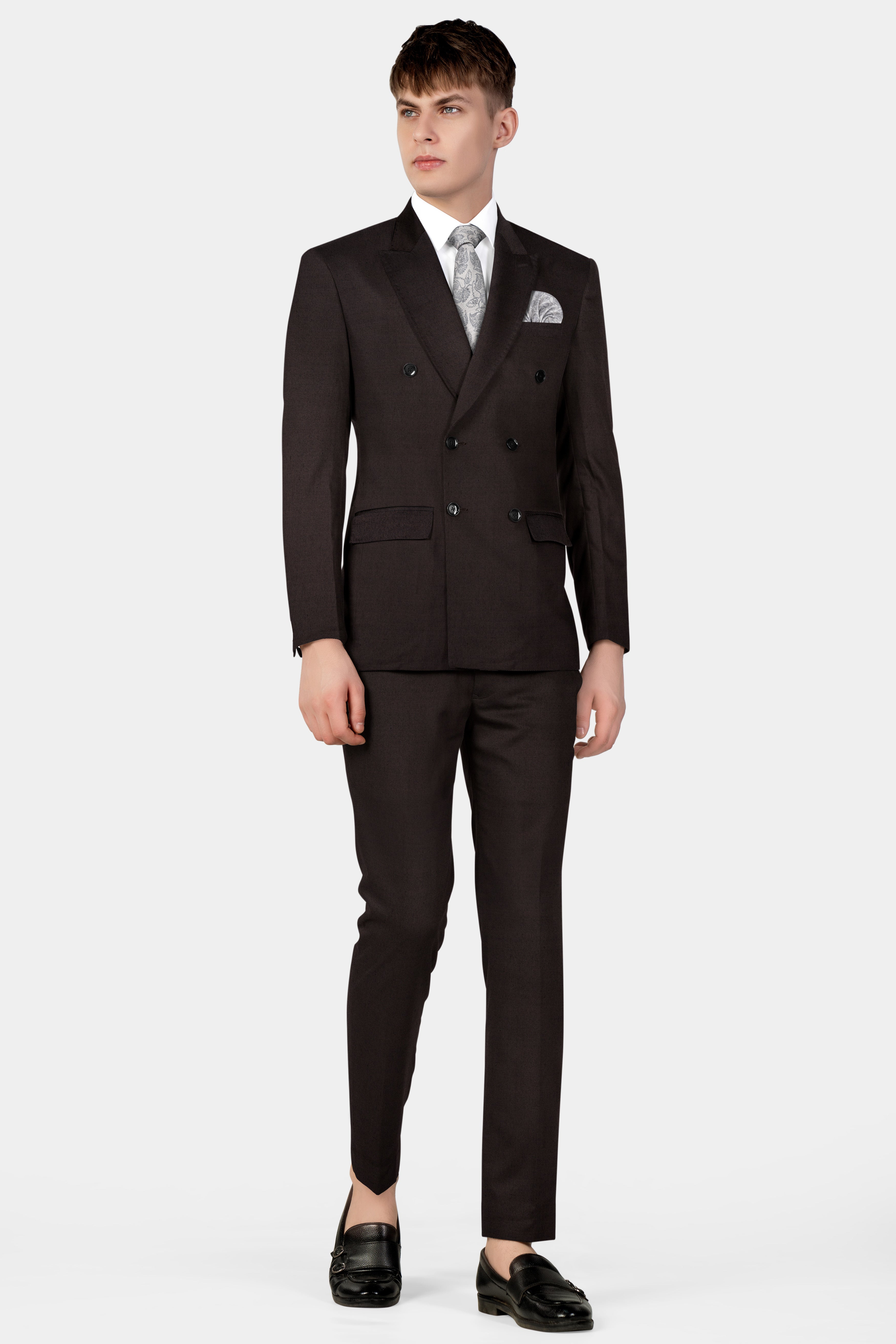 Zeus Brown Dobby Textured Wool Blend Double Breasted Suit