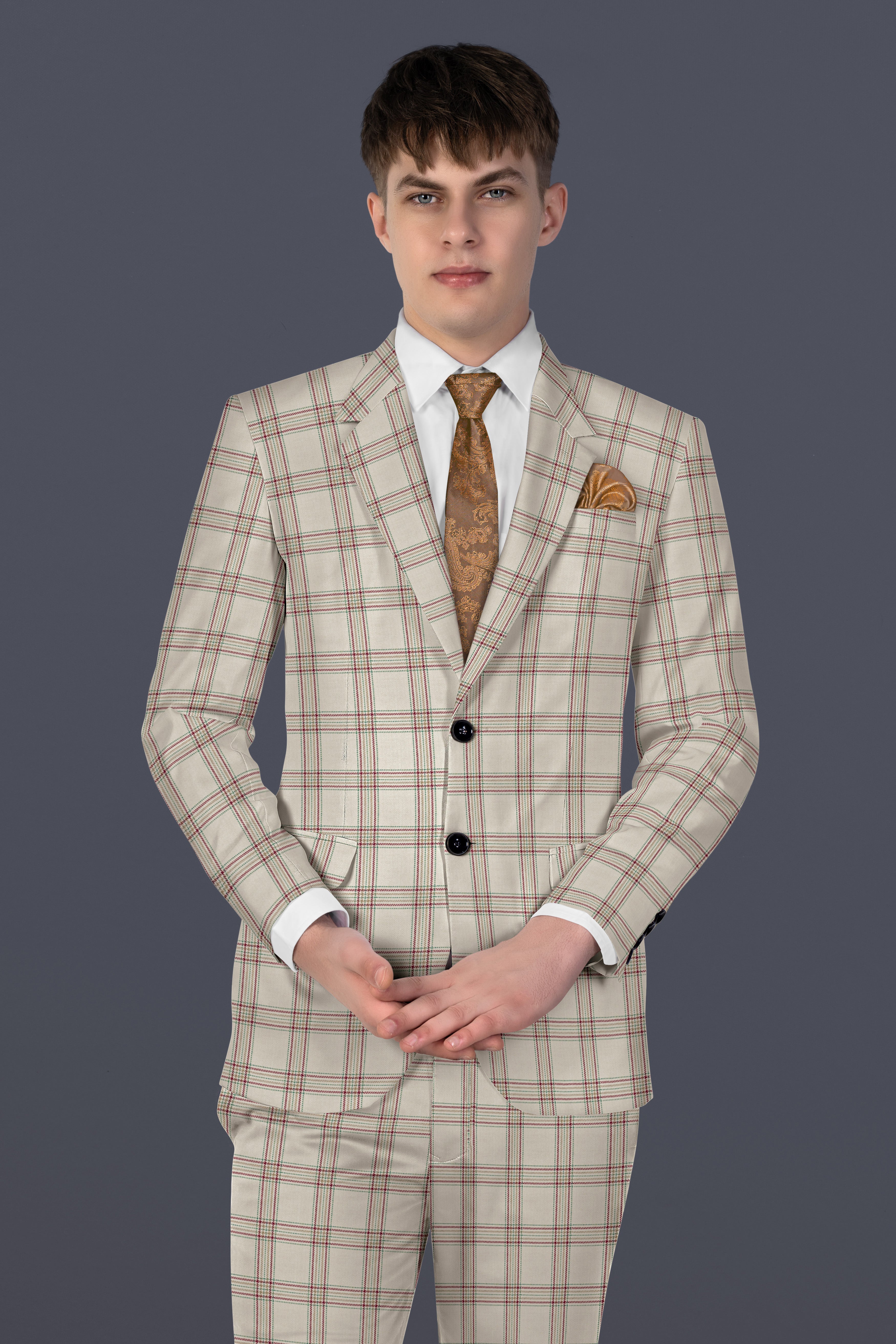 Swirl Cream with Maroon and Green windowpane Tweed Suit