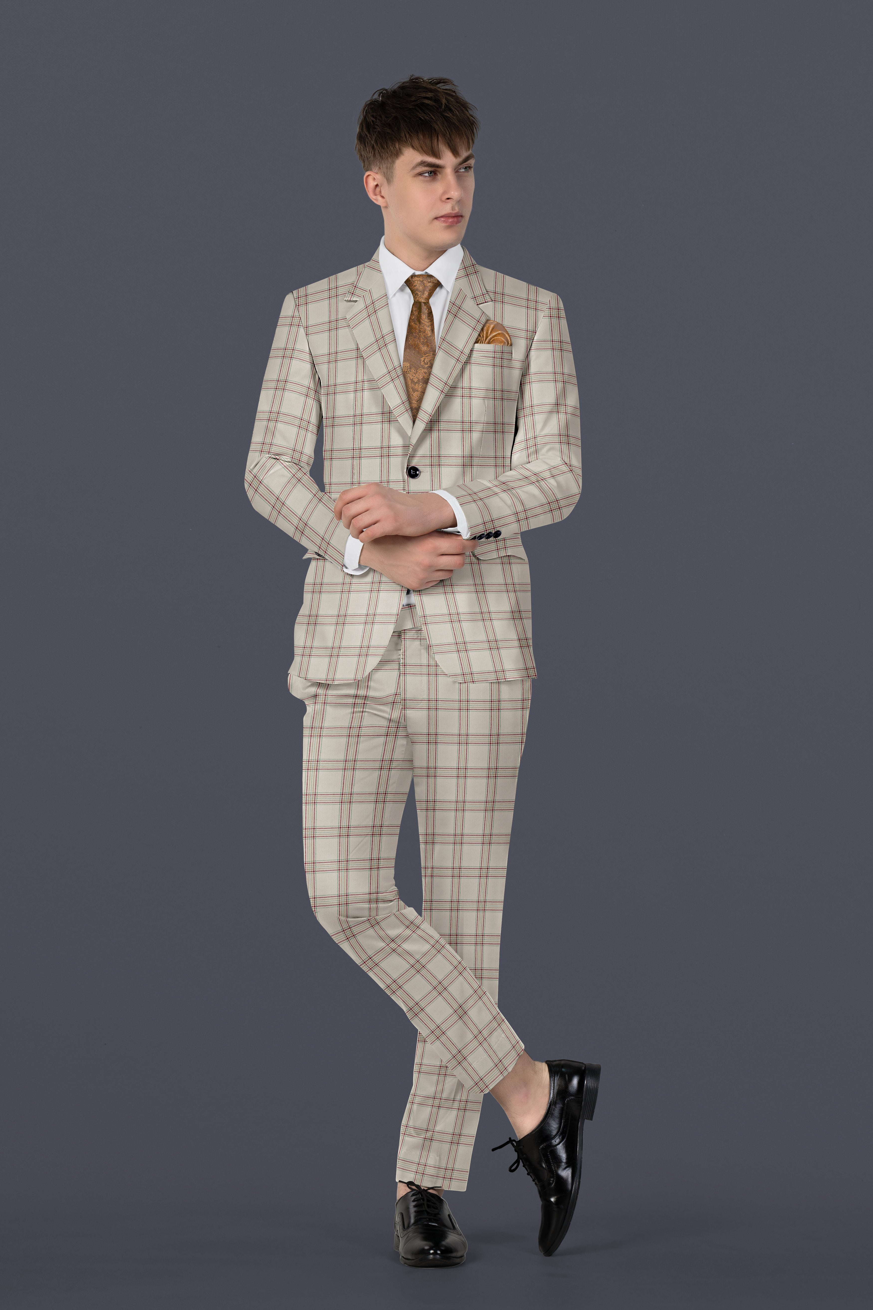 Swirl Cream with Maroon and Green windowpane Tweed Suit