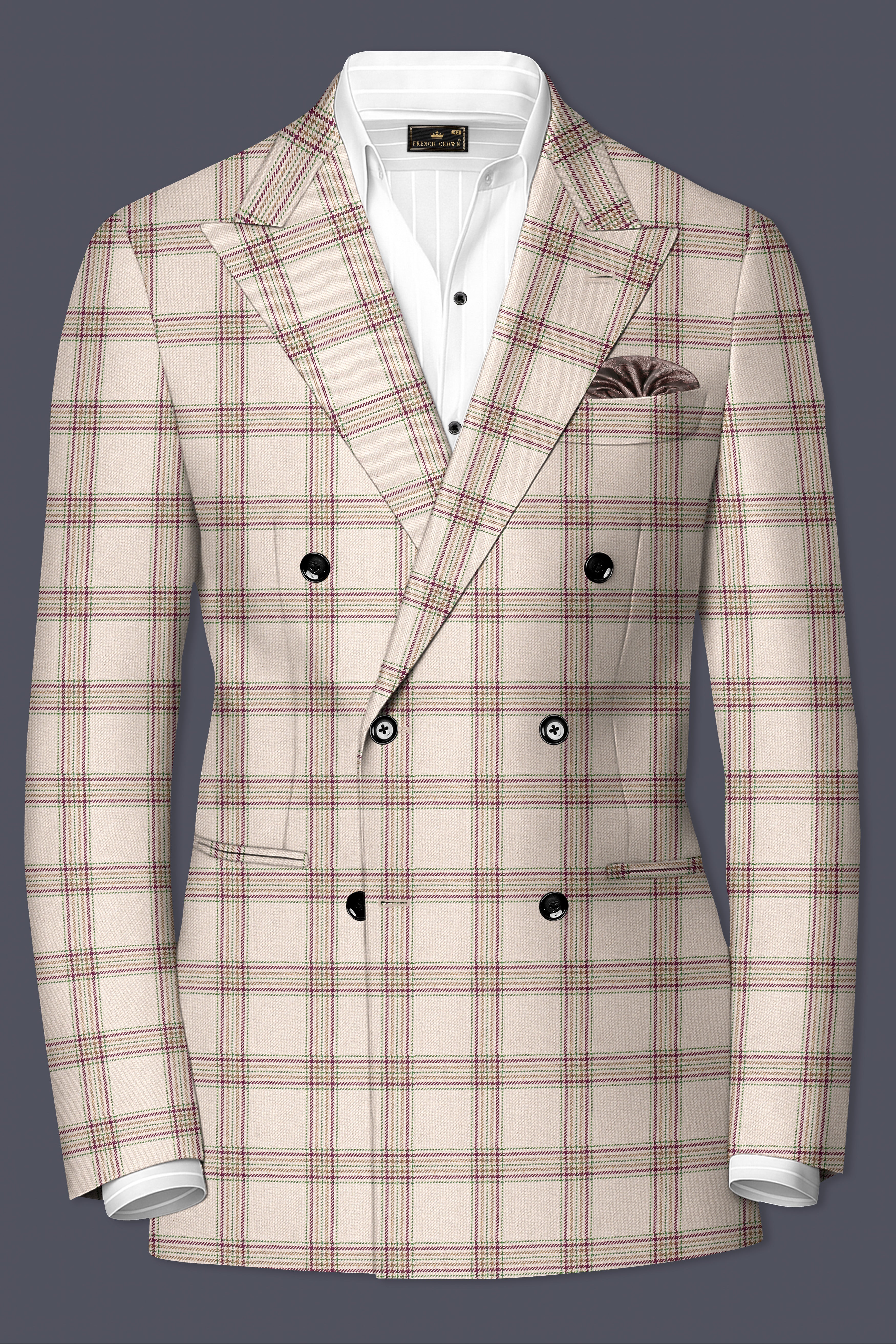 Swirl Cream with Maroon and Green windowpane Tweed Double Breasted Suit