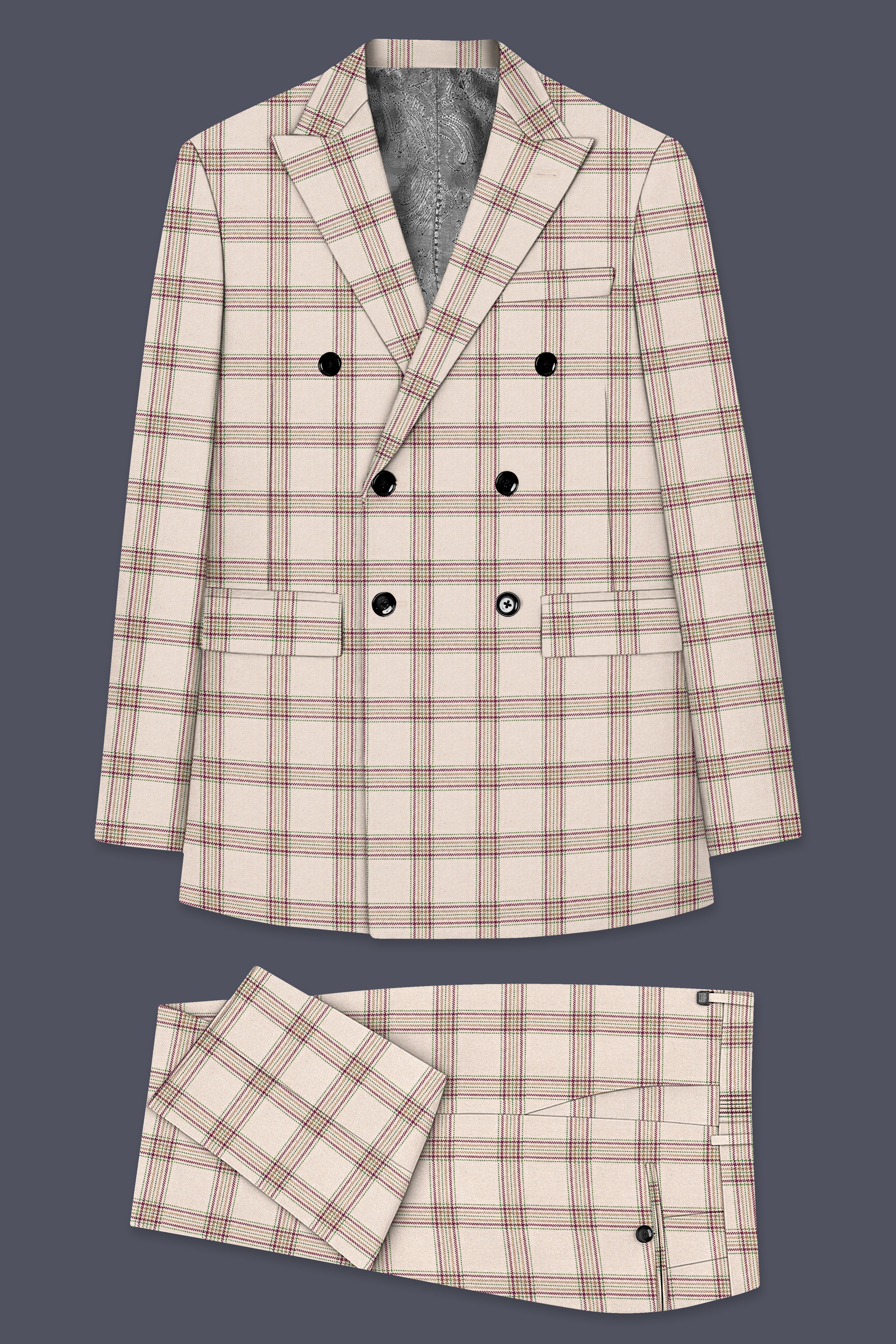 Swirl Cream with Maroon and Green windowpane Tweed Double Breasted Suit