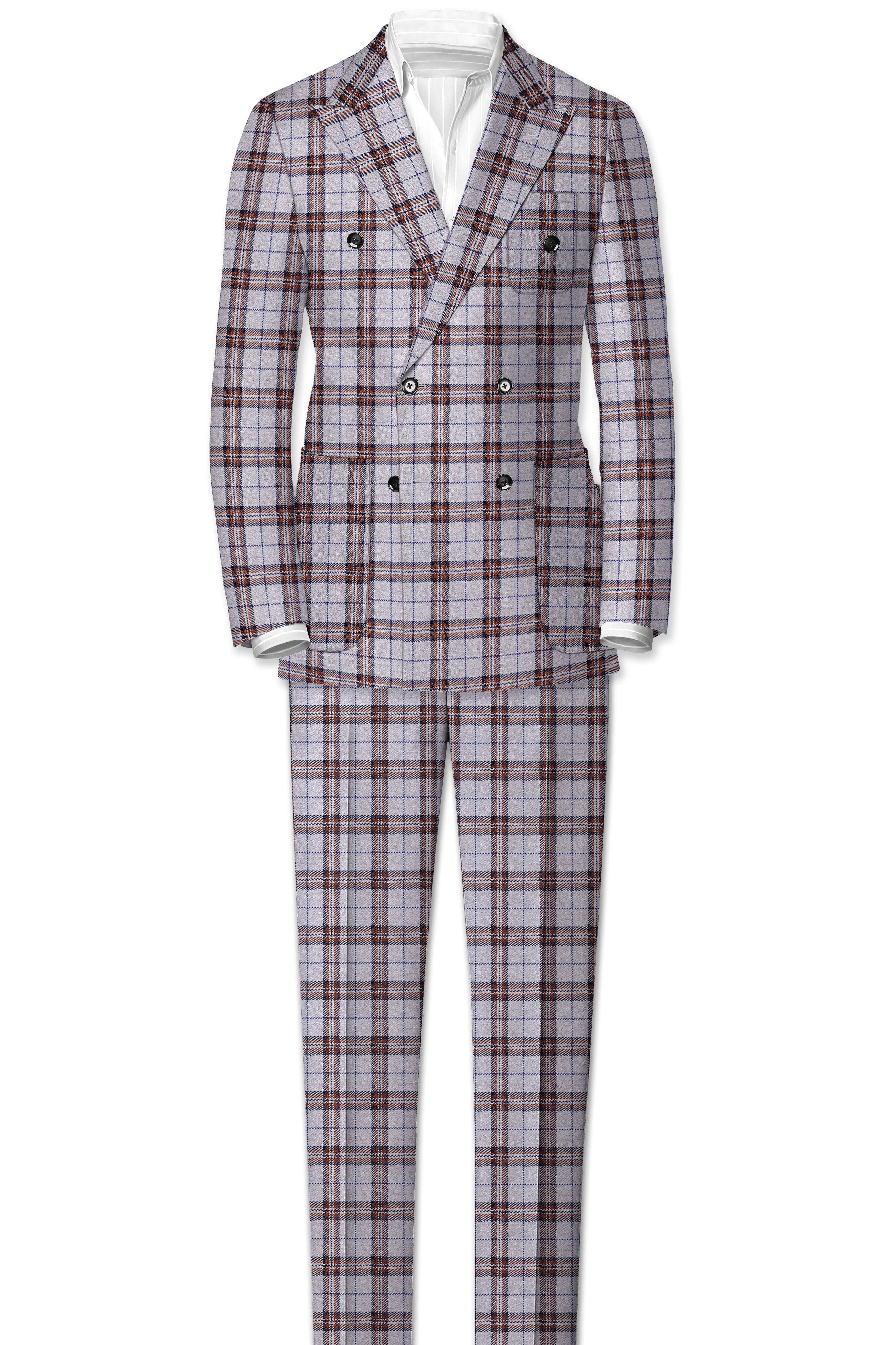 Cadet Grey with Maroon and Blue Plaid Double Breasted Tweed Suit