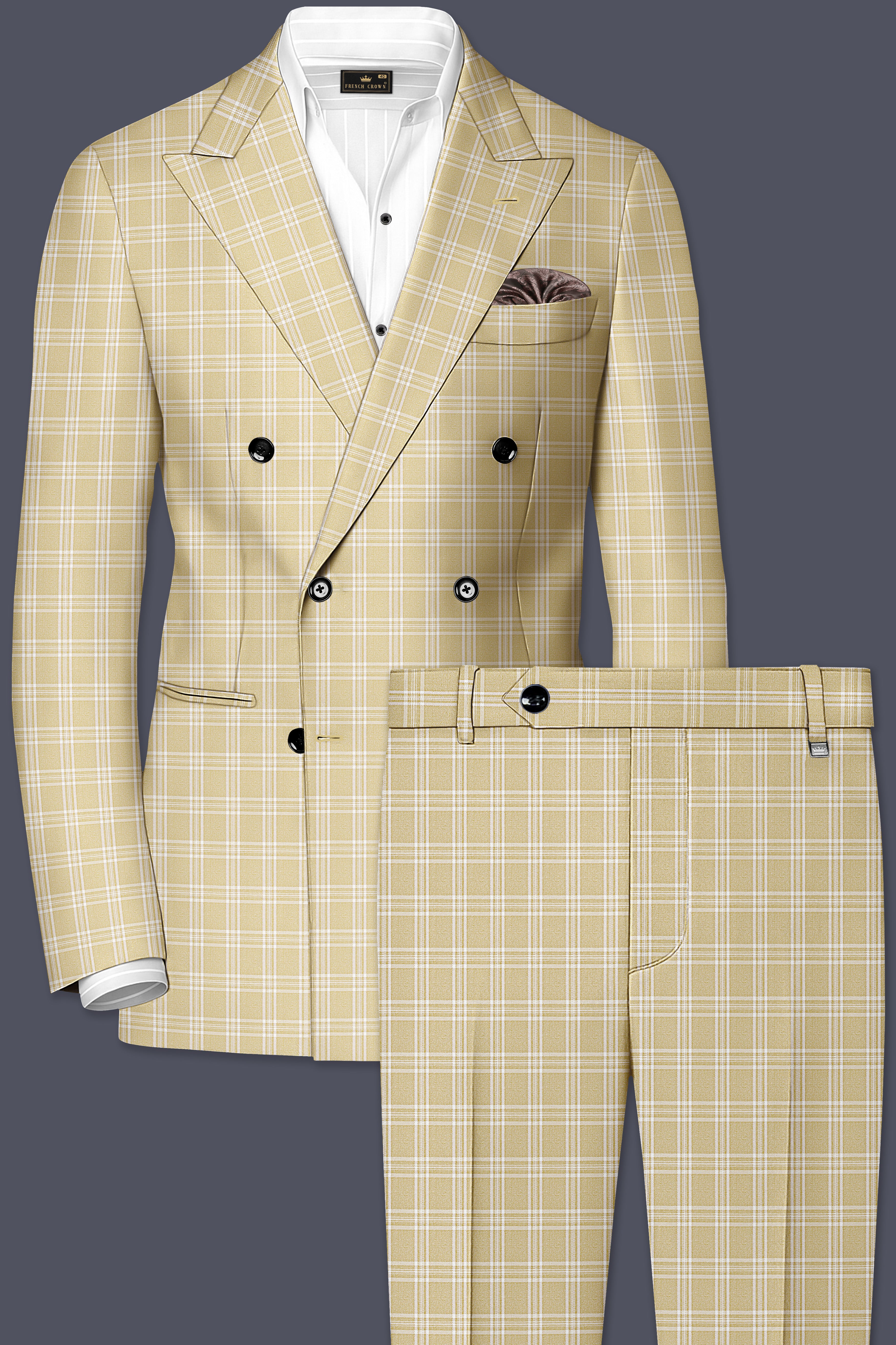Desert Sand Cream Plaid Wool Blend Double Breasted Suit