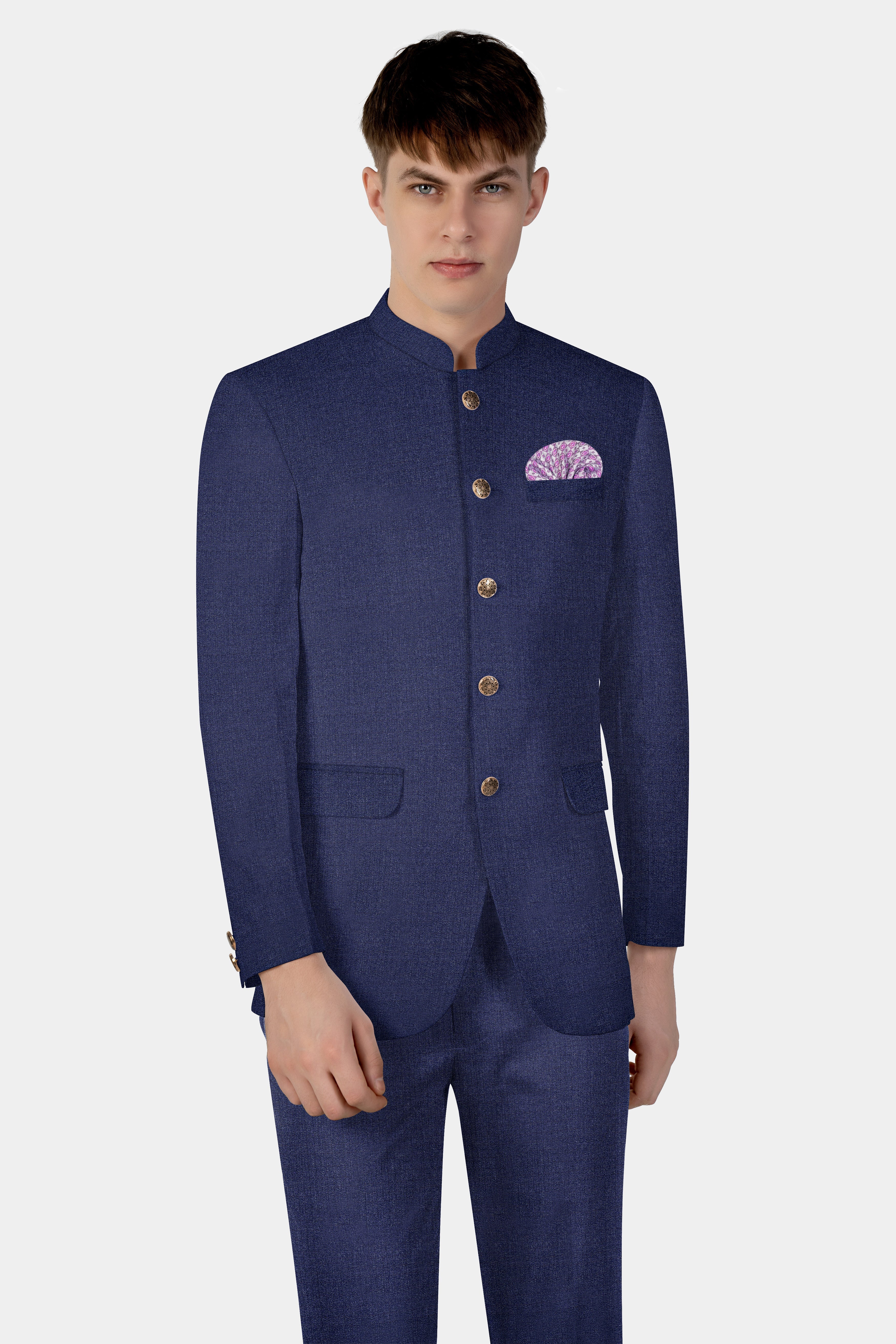 Ebony Clay Blue Textured Wool Blend Bandhgala Suit