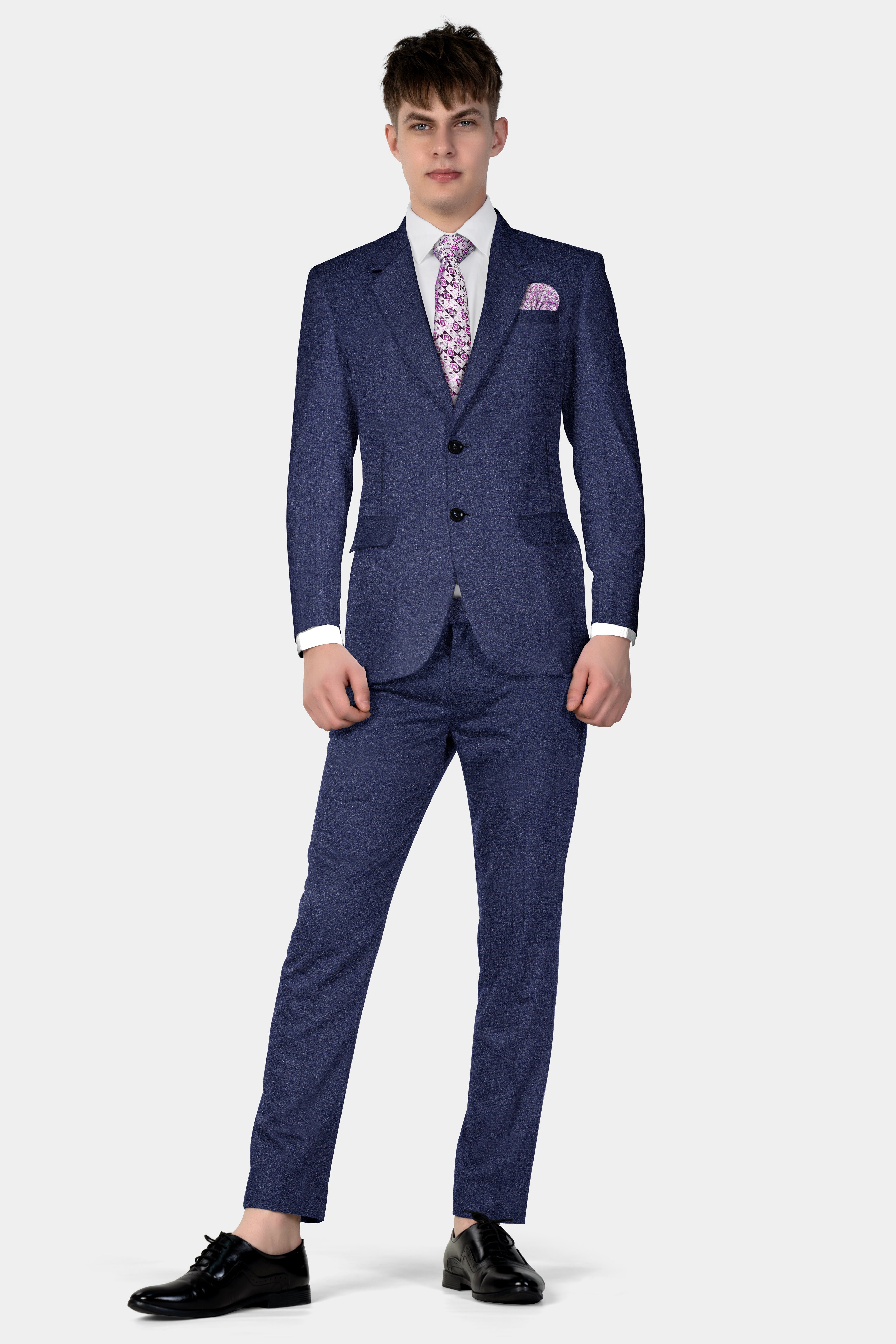 Ebony Clay Blue Textured Wool Blend Single Breasted Suit