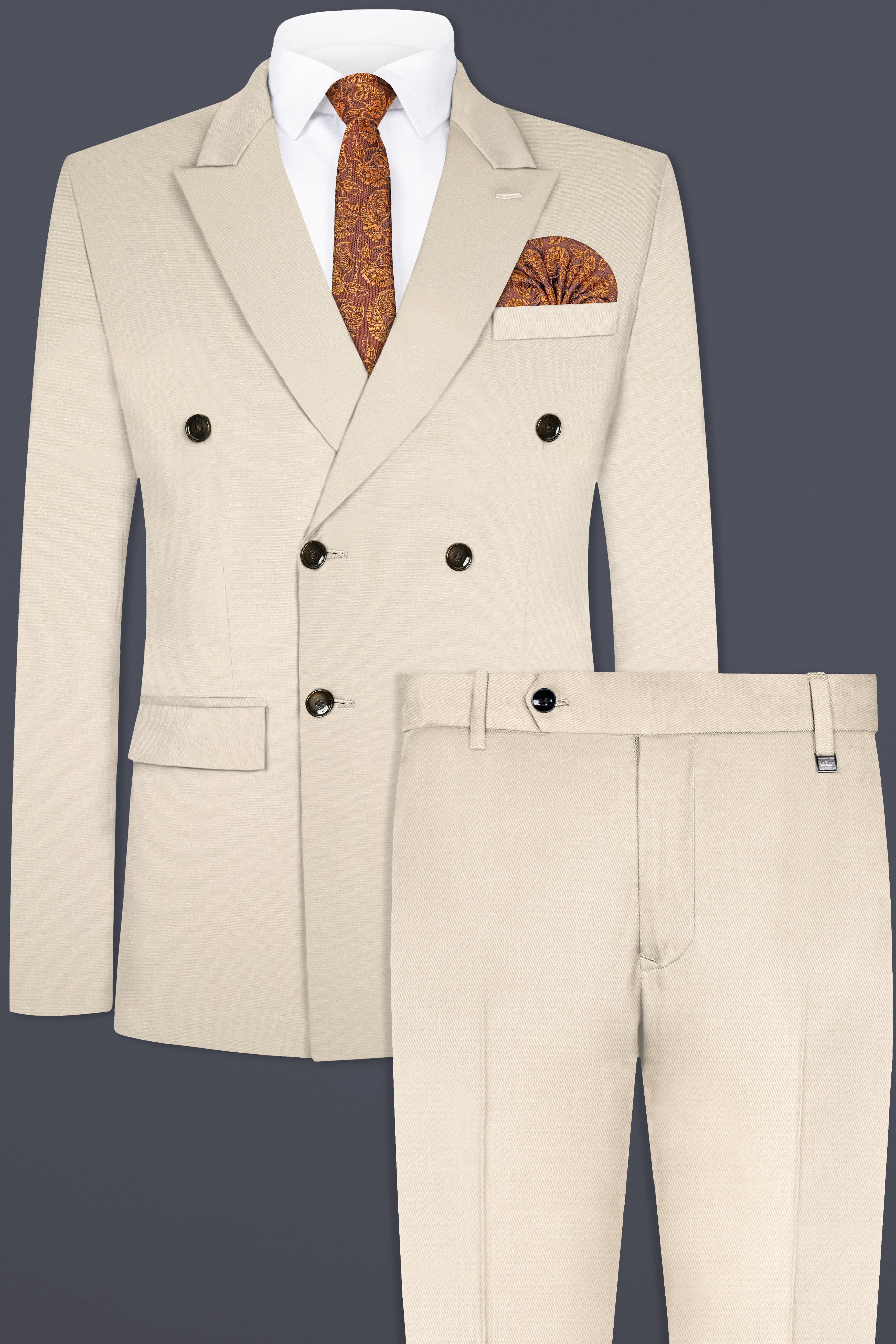 Moon Mist Cream Solid Wool Blend Double Breasted Suit