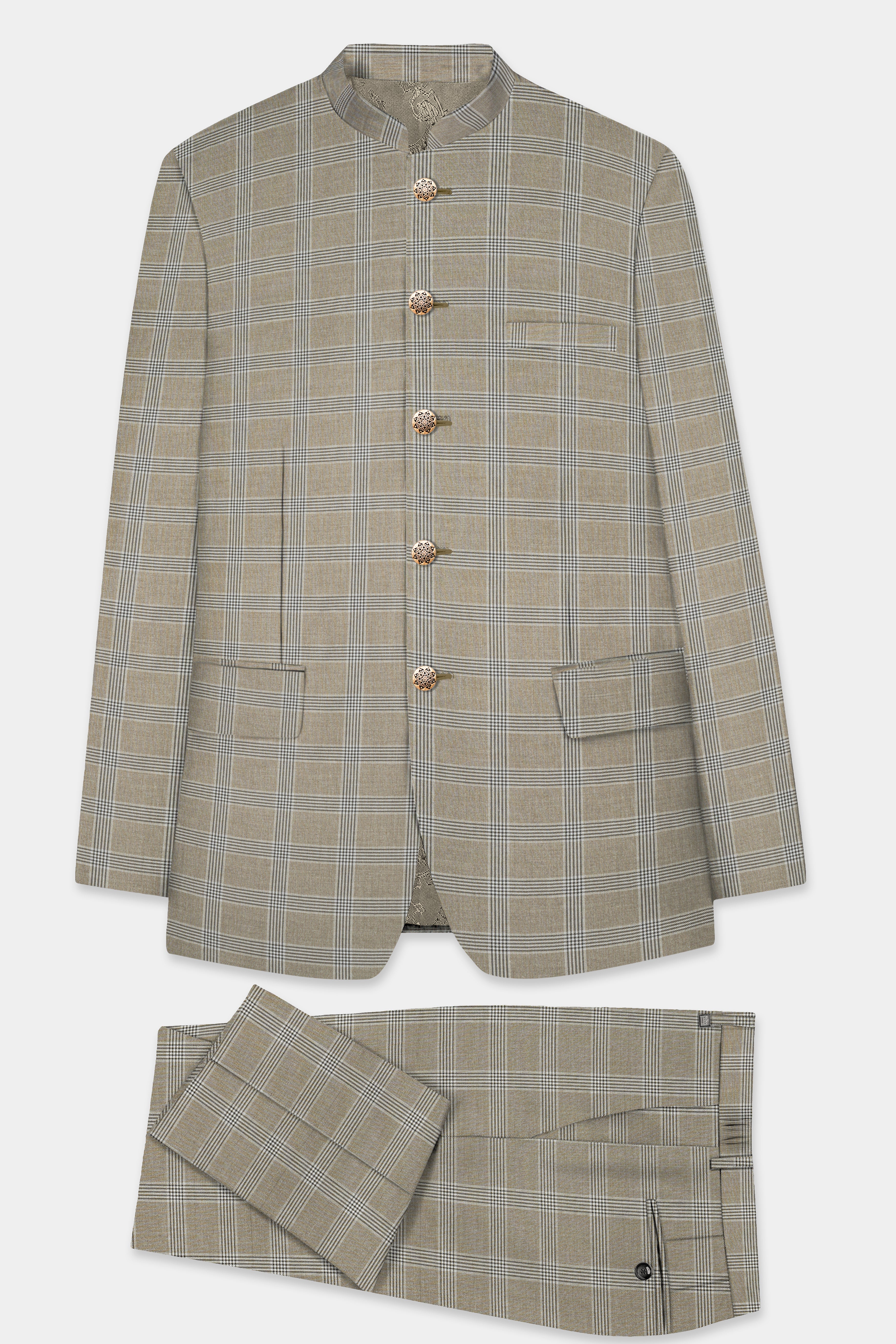 Sandrift Cream Plaid Wool Blend Bandhgala Suit
