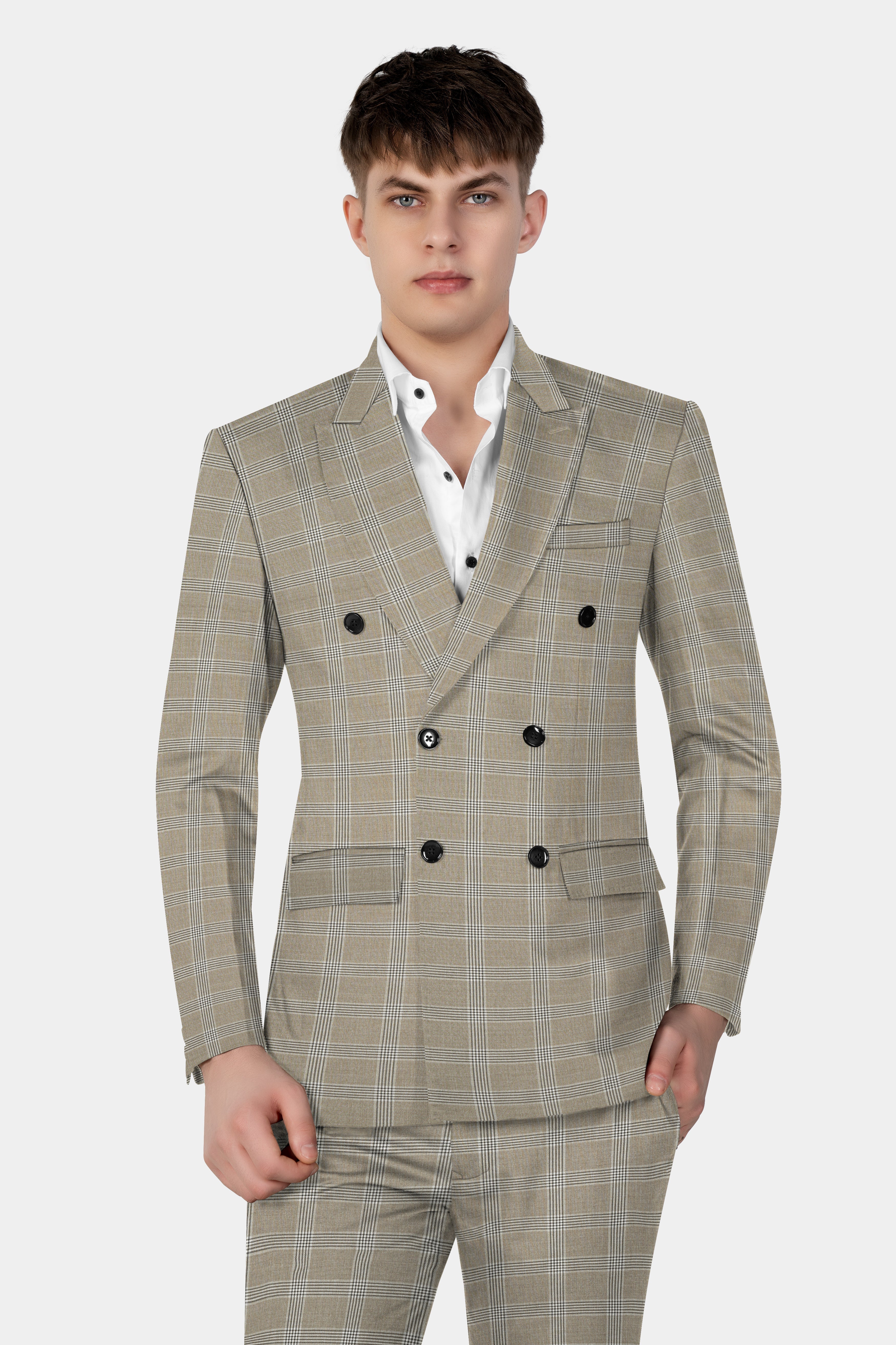 Sandrift Cream Plaid Wool Blend Double Breasted Suit
